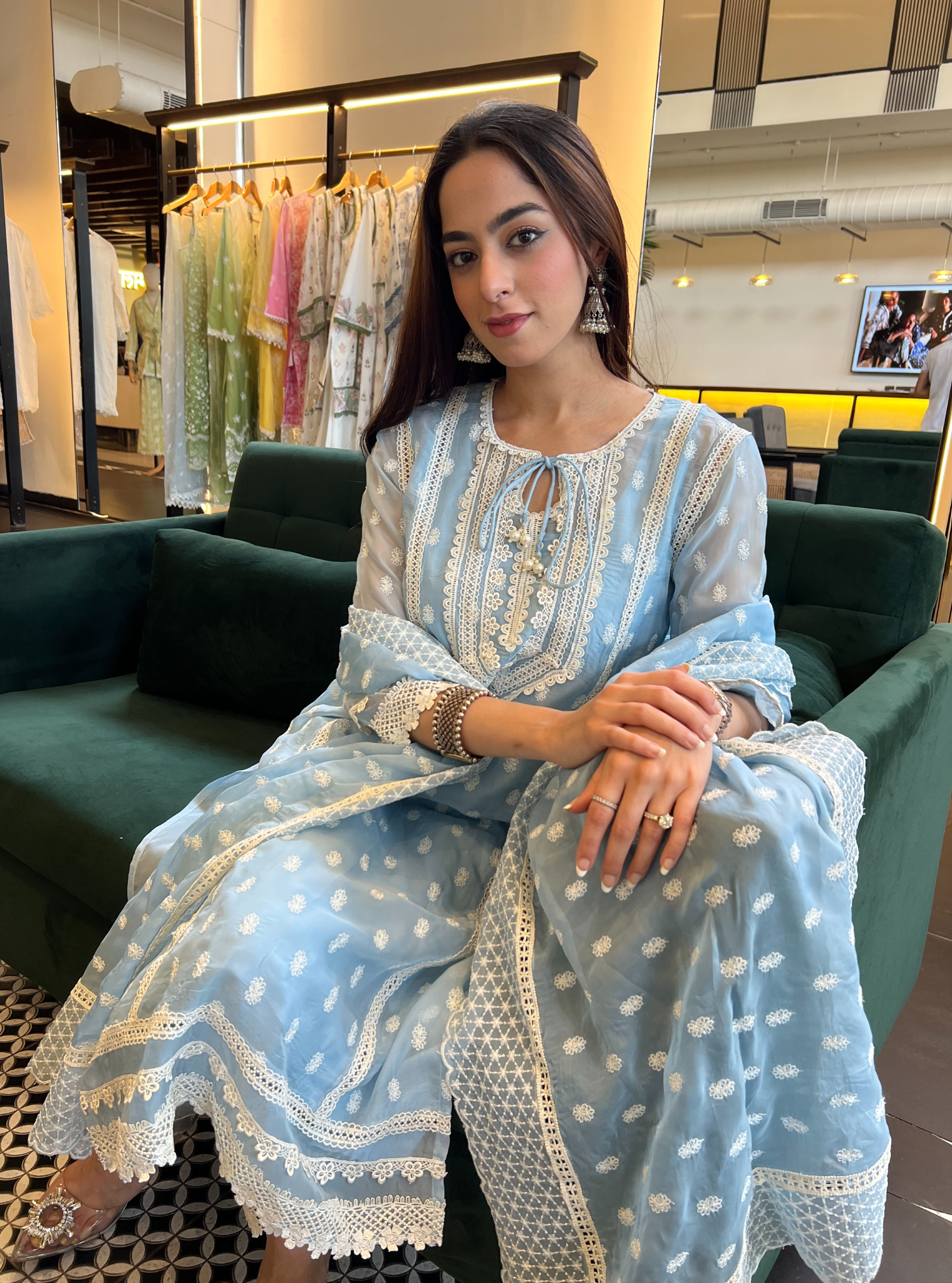 Mulmul Organza Jankia Blue Kurta With Mulmul Cotton Jankia Blue Pant