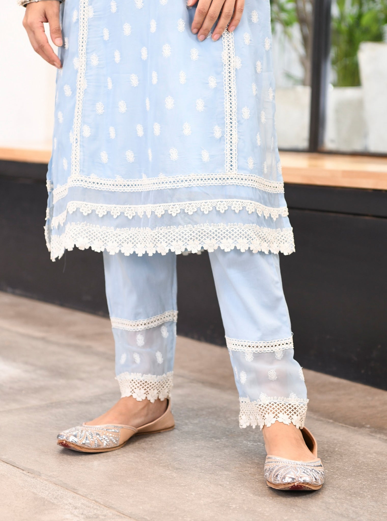 Mulmul Organza Jankia Blue Kurta With Mulmul Cotton Jankia Blue Pant