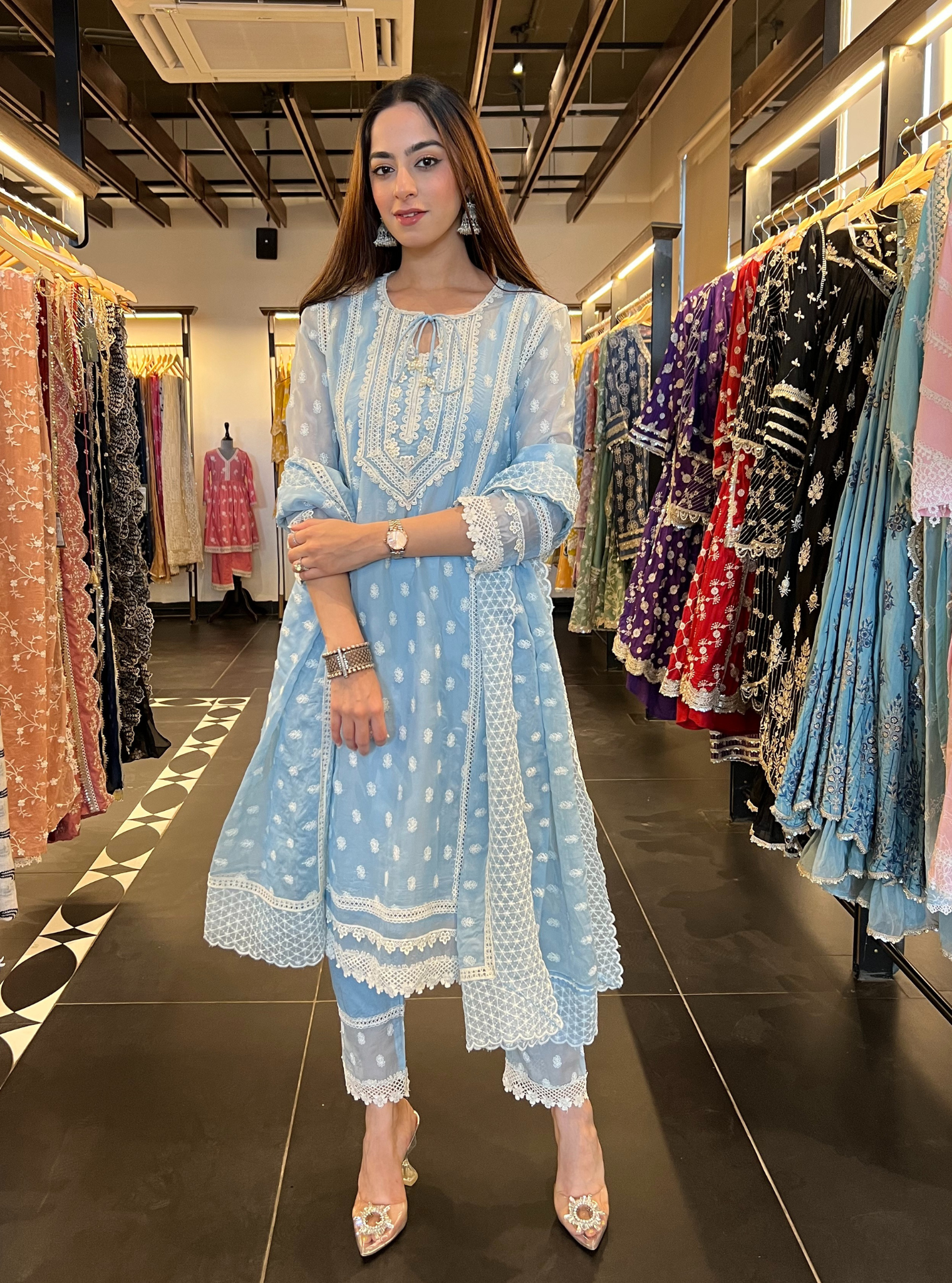 Mulmul Organza Jankia Blue Kurta With Mulmul Cotton Jankia Blue Pant