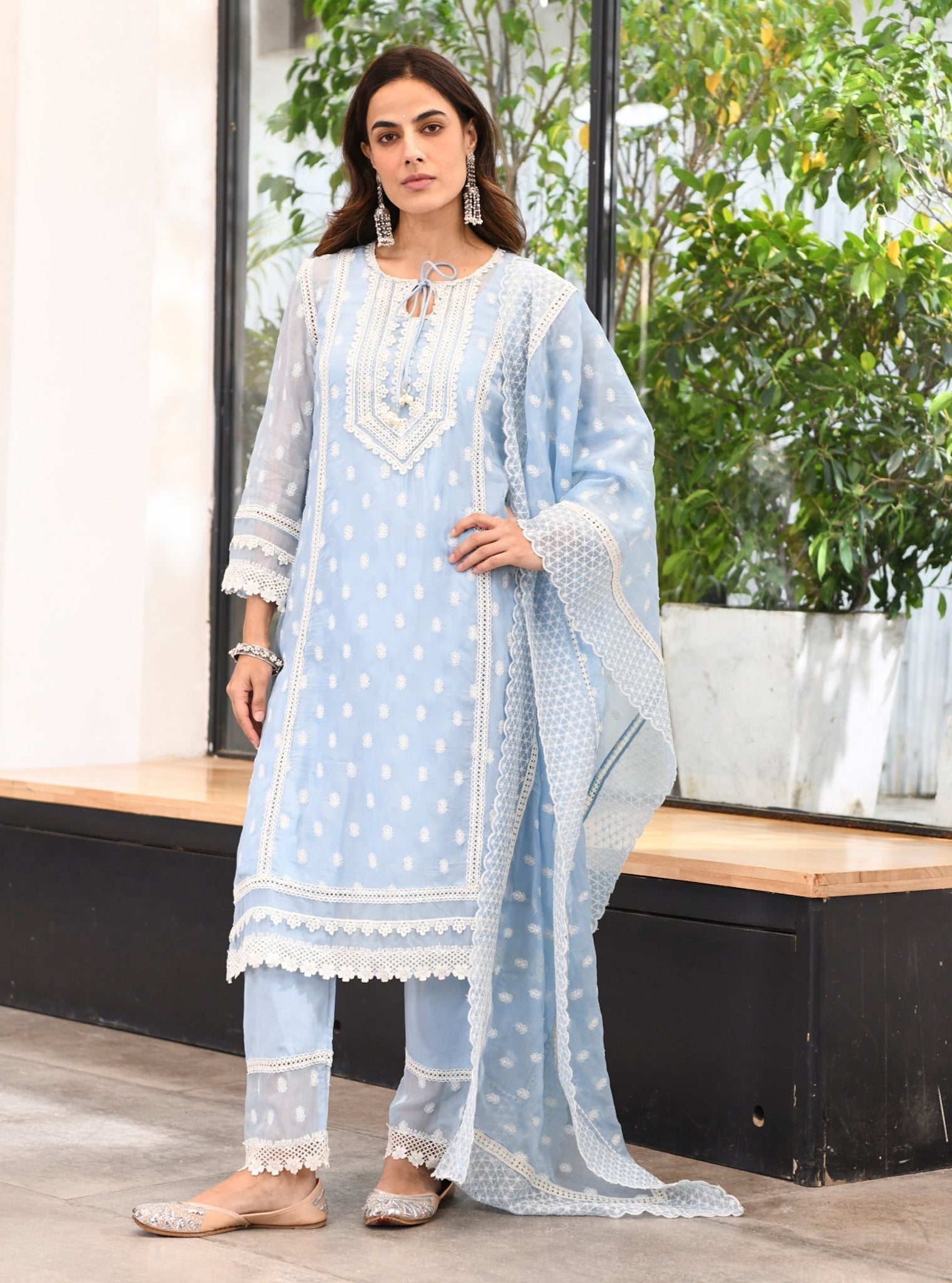 Mulmul Organza Jankia Blue Kurta With Mulmul Cotton Jankia Blue Pant