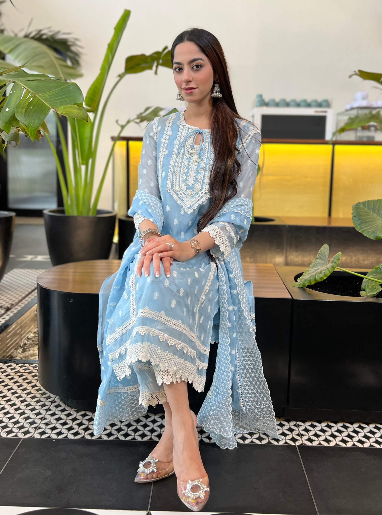 Mulmul Organza Jankia Blue Kurta With Mulmul Cotton Jankia Blue Pant