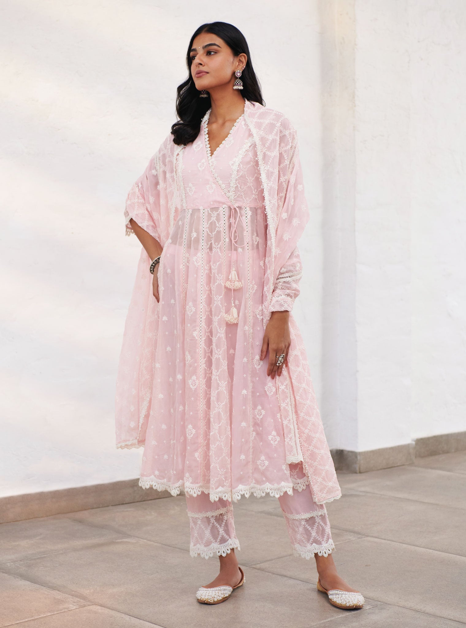 Mulmul Organza Morey Pink Anarkali Kurta With Cotton Morey Pink Pant