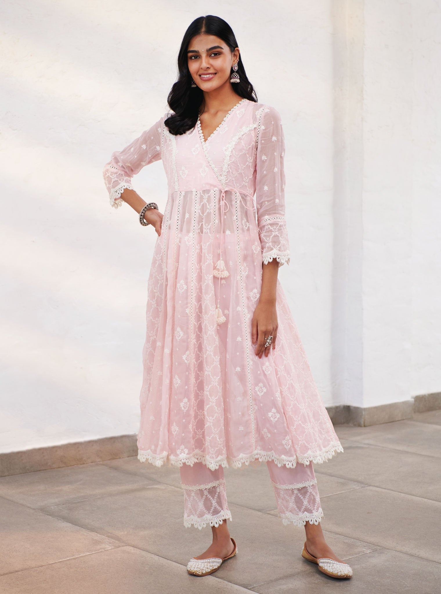 Mulmul Organza Morey Pink Anarkali Kurta With Cotton Morey Pink Pant