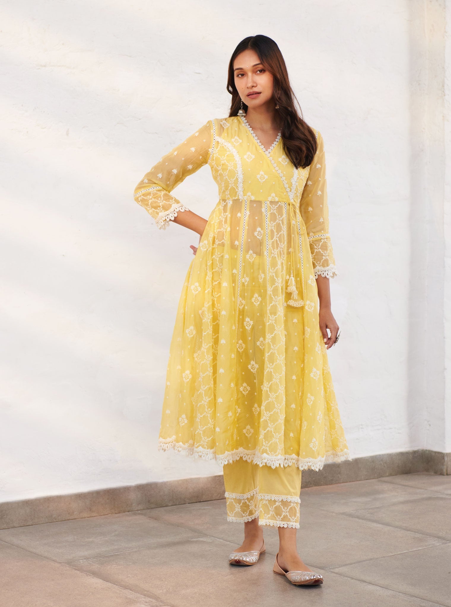 Mulmul Organza Morey Yellow Anarkali Kurta With Cotton Morey Yellow Pant