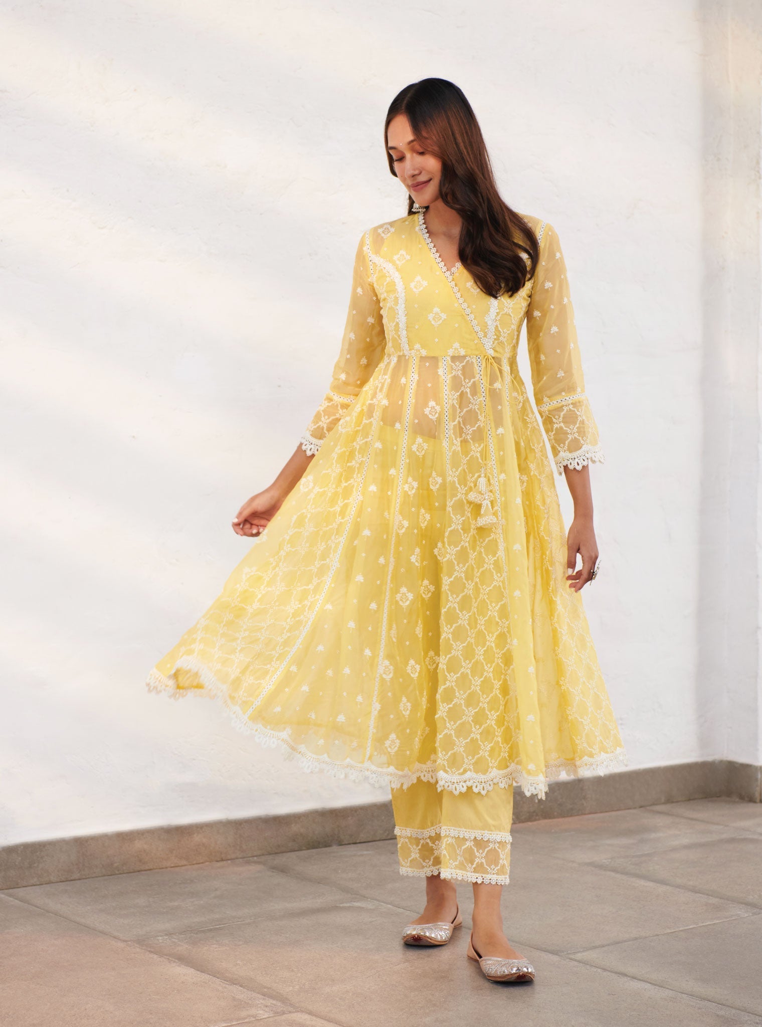 Mulmul Organza Morey Yellow Anarkali Kurta With Cotton Morey Yellow Pant