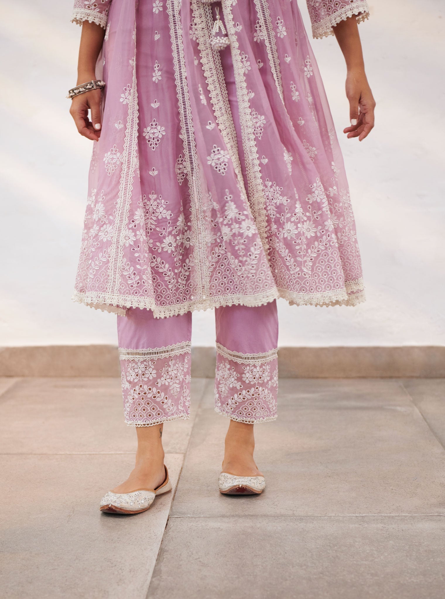 Mulmul Organza Sheffield Lilac Anarkali Kurta With Cotton Sheffield Lilac Pant