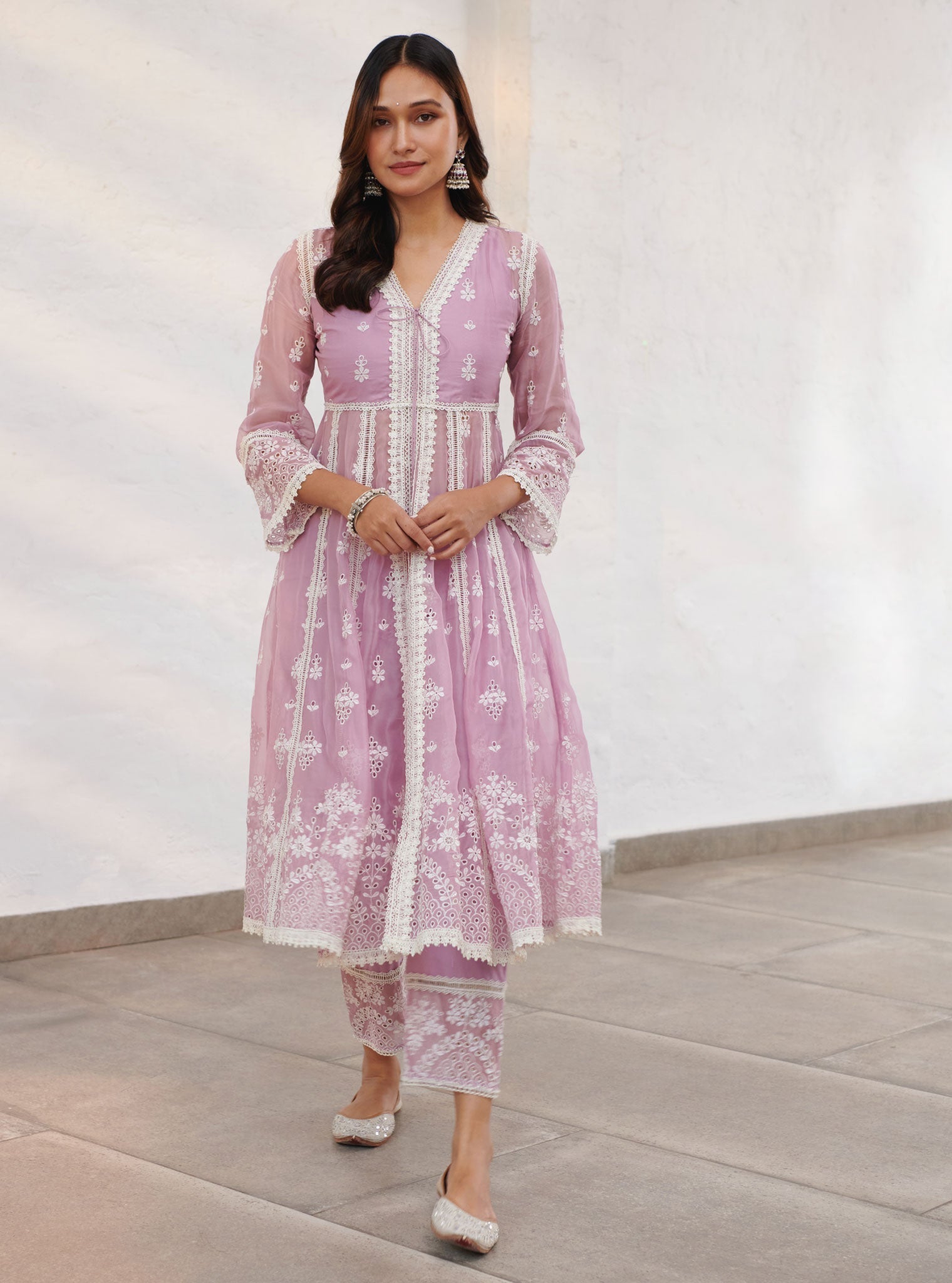 Mulmul Organza Sheffield Lilac Anarkali Kurta With Cotton Sheffield Lilac Pant