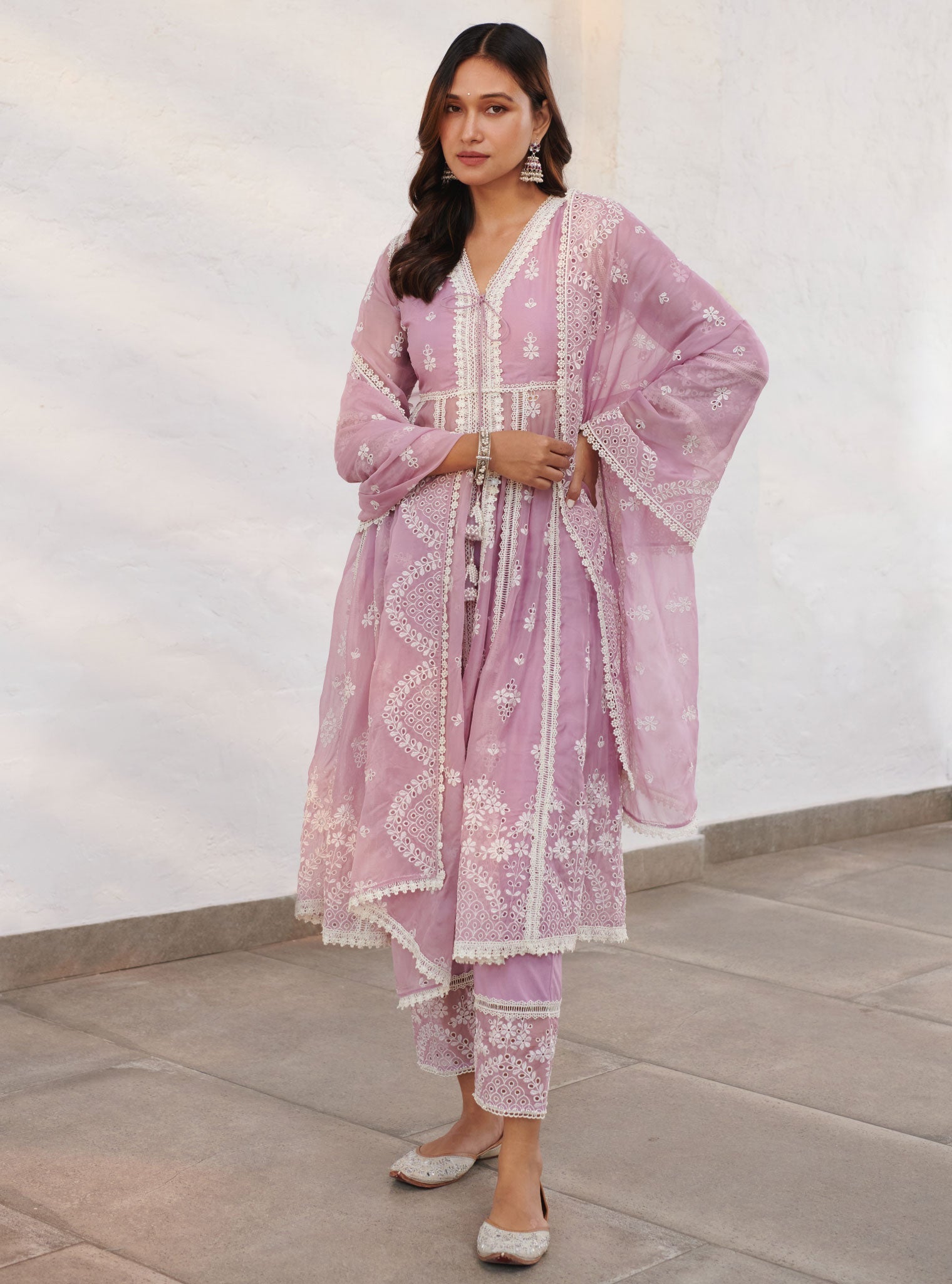 Mulmul Organza Sheffield Lilac Anarkali Kurta With Cotton Sheffield Lilac Pant