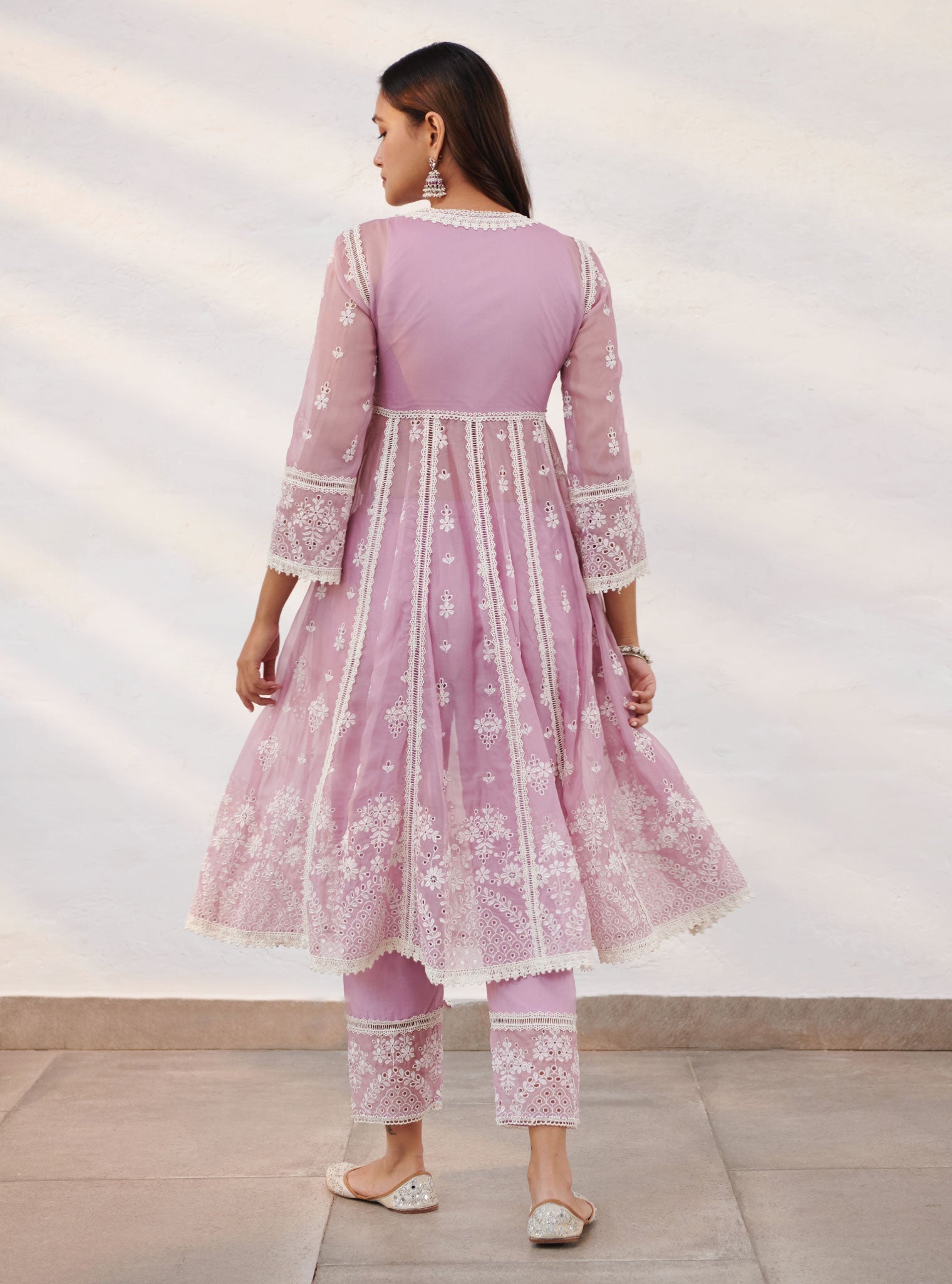 Mulmul Organza Sheffield Lilac Anarkali Kurta With Cotton Sheffield Lilac Pant