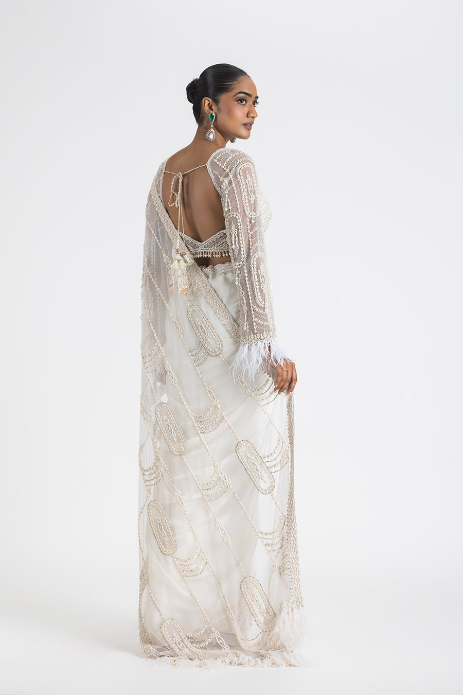 Ivory Satin Pre-Draped Saree