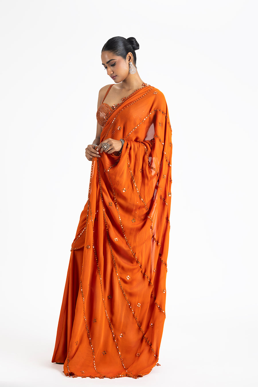 Rust Georgette Draped Saree