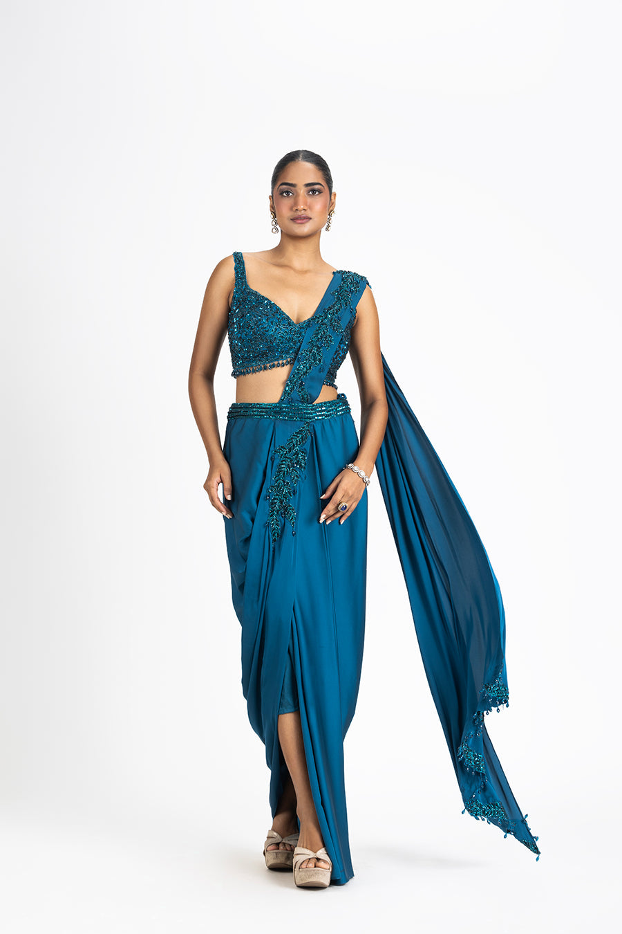 Peacock Blue Satin Draped Saree