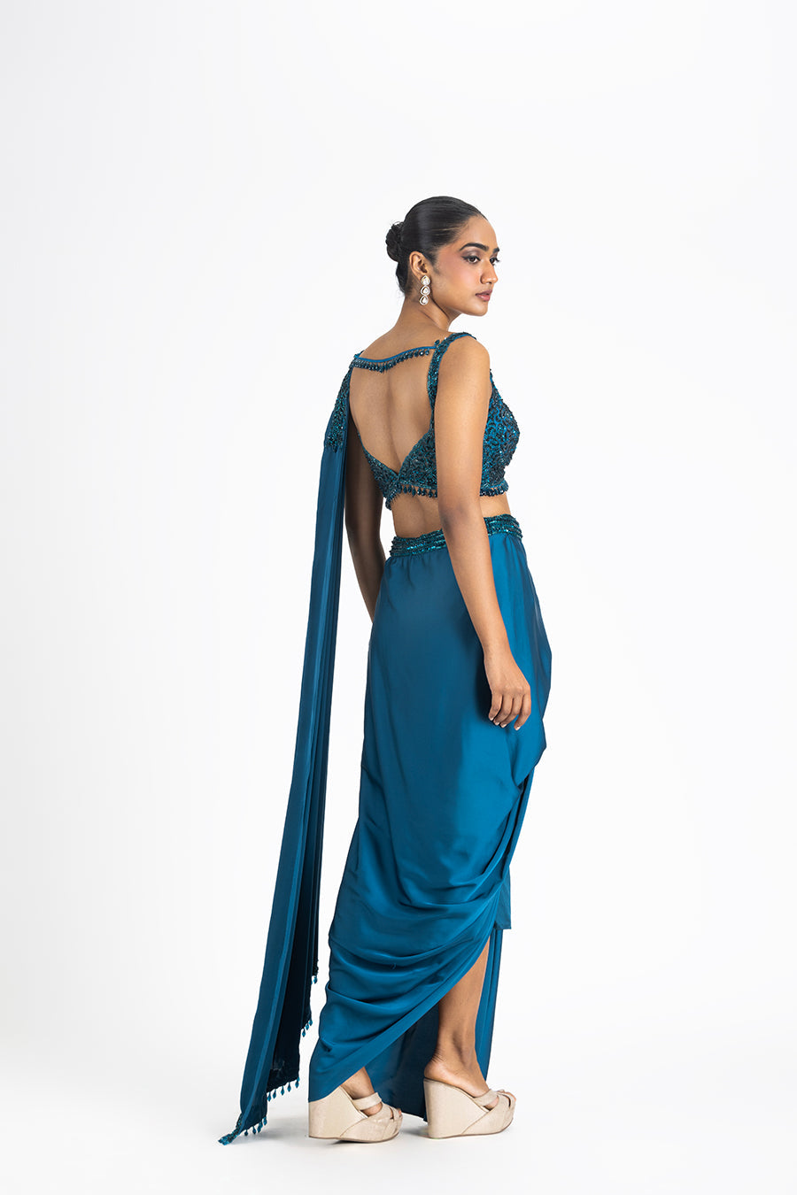 Peacock Blue Satin Draped Saree