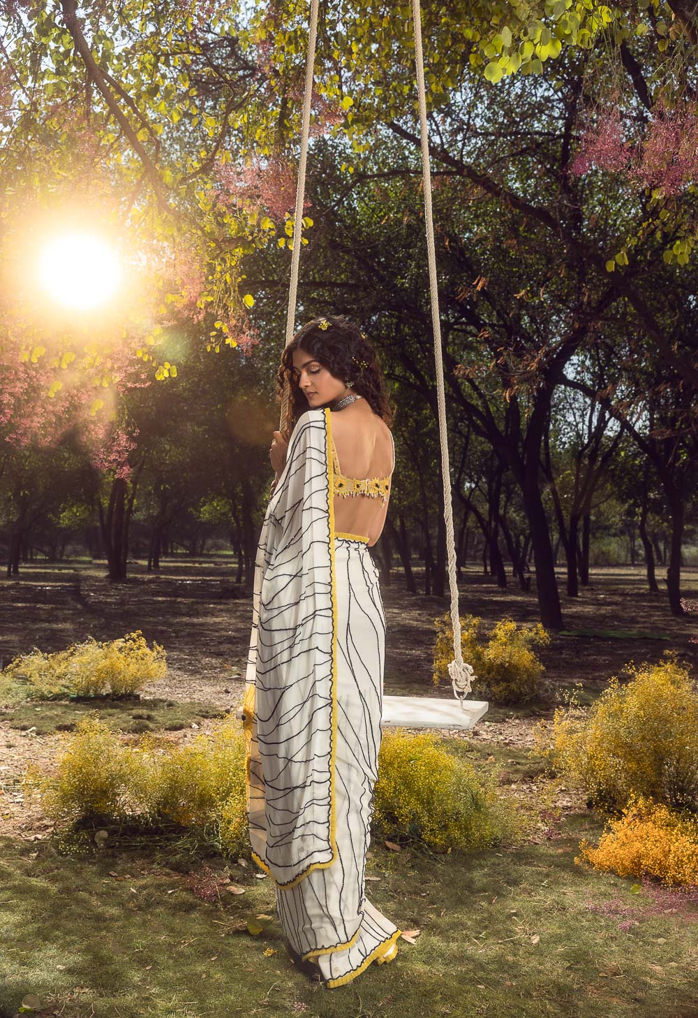 Off White Georgette Sunflower Saree