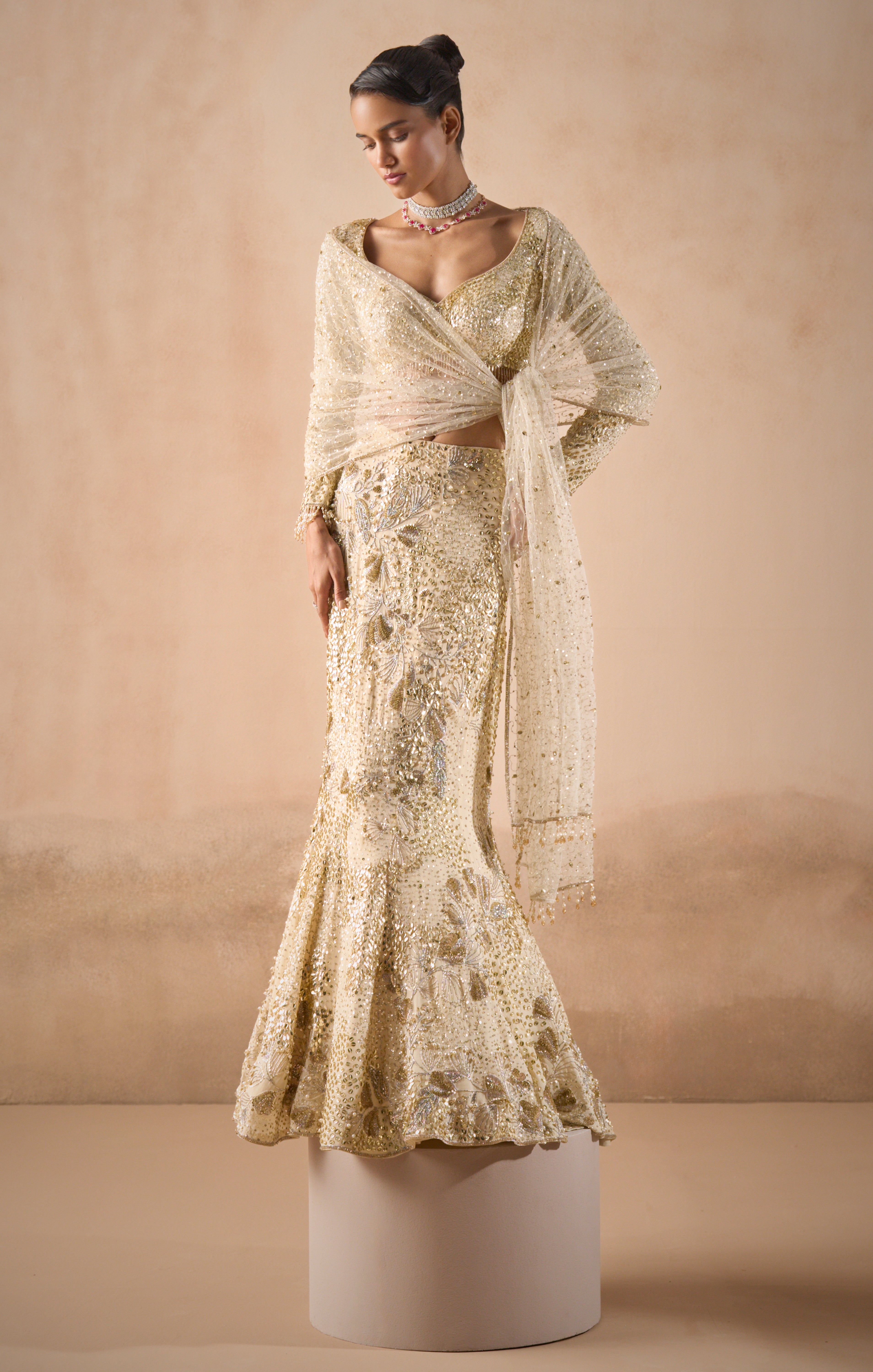 Ivory Georgette Fit And Flare Lehenga Set