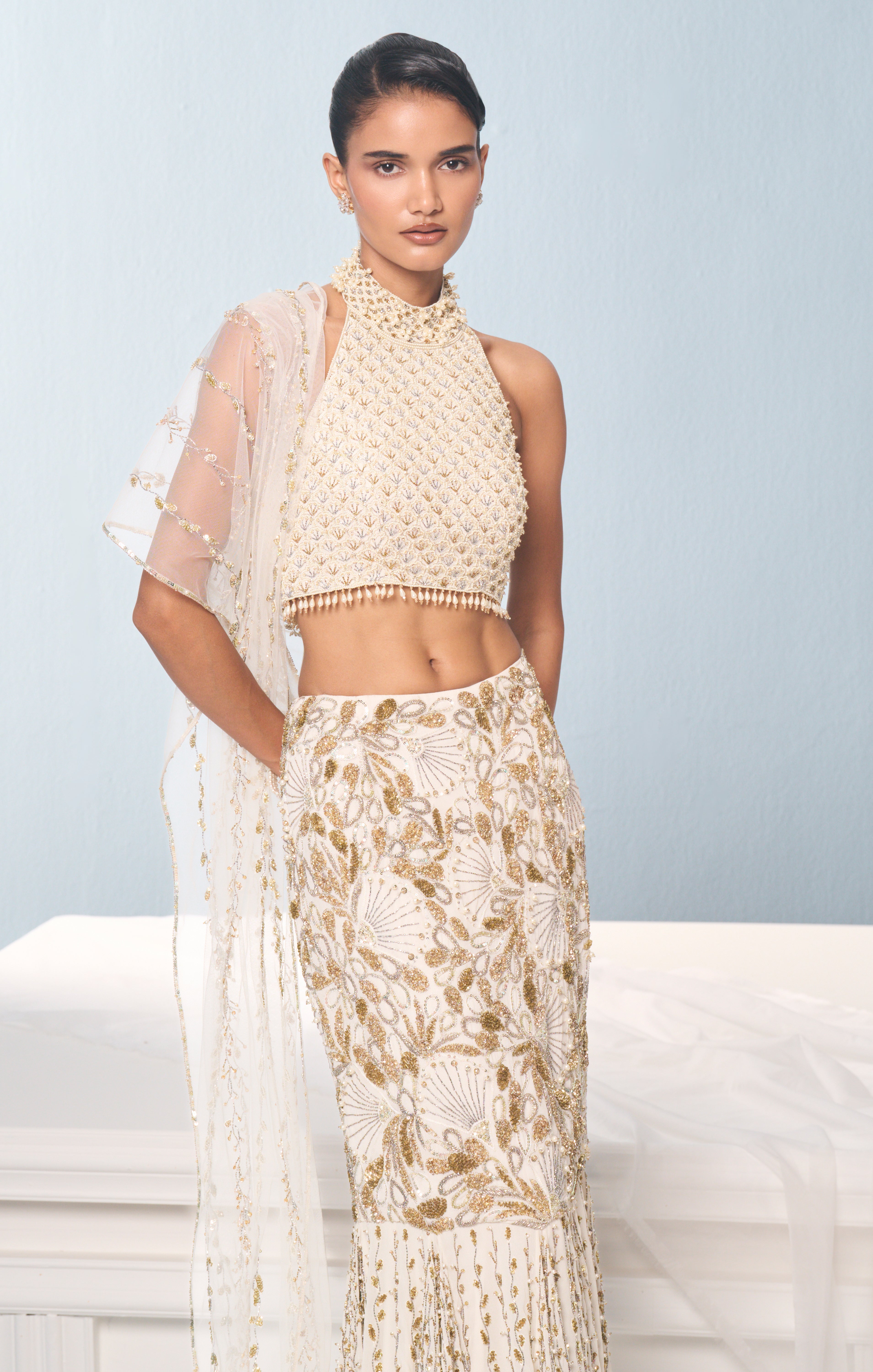 Ivory Georgette Fit And Flare Lehenga Set