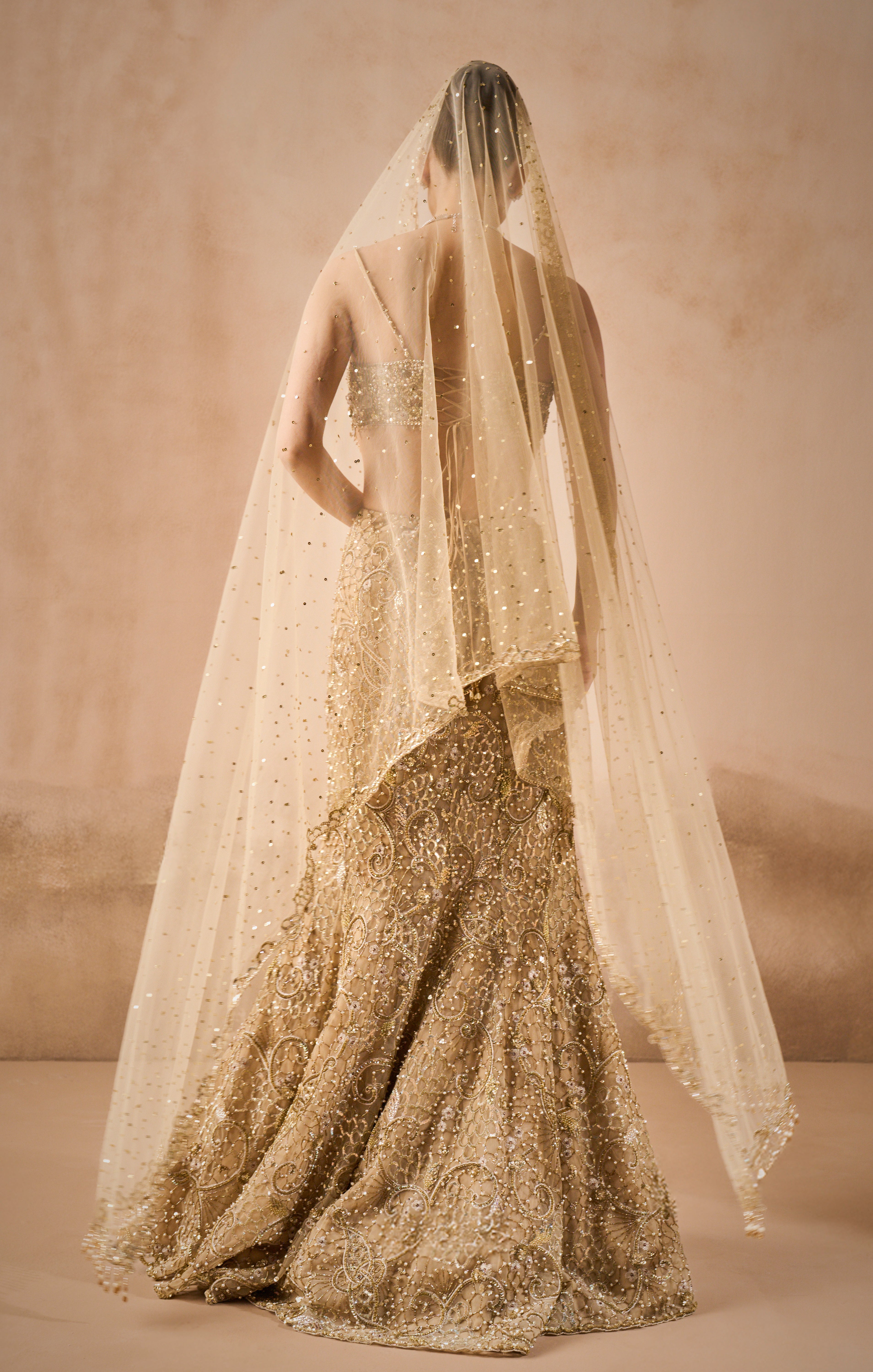 Beige Gold Sparkle Tulle Fit And Flare Lehenga Set