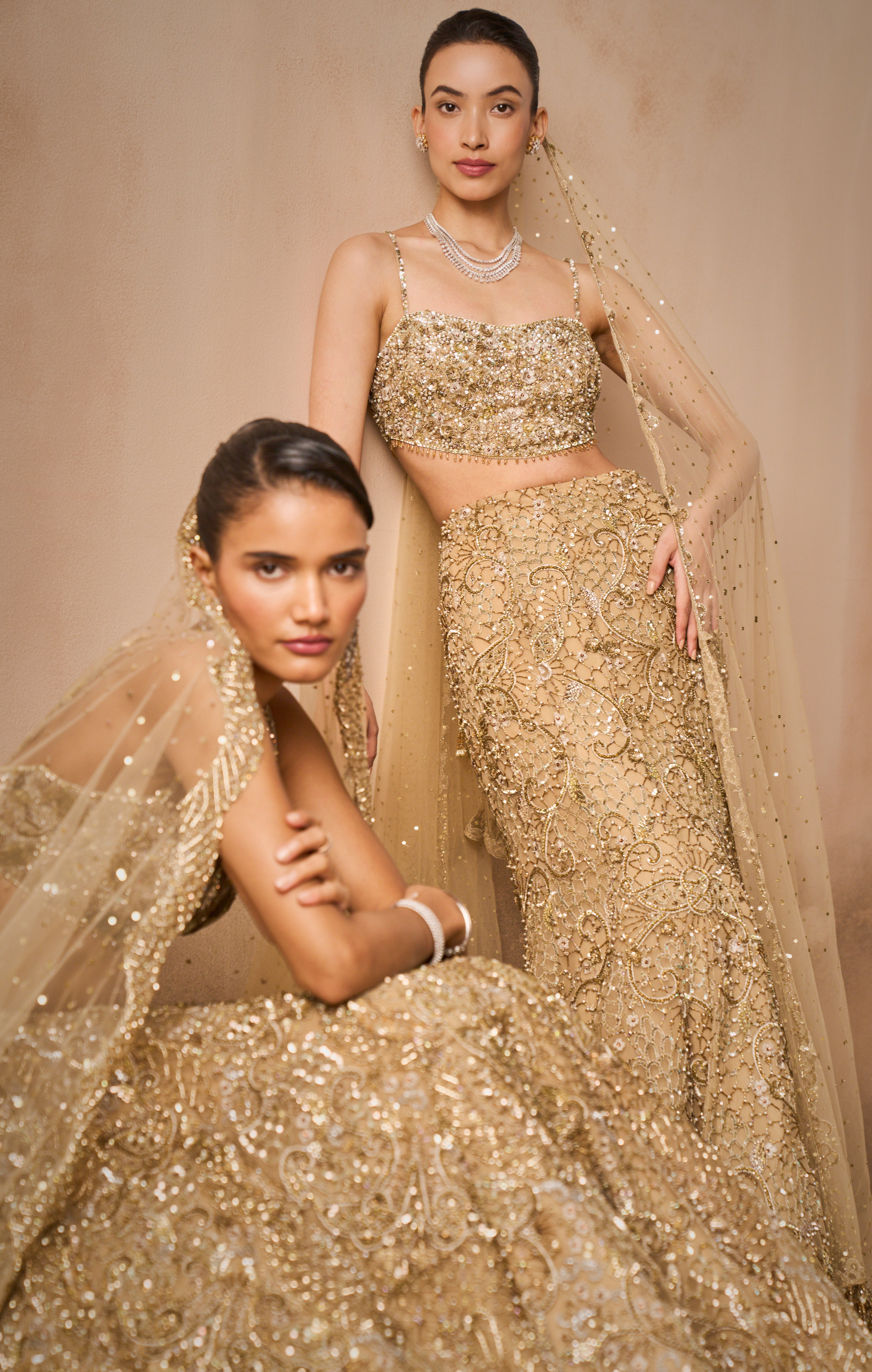 Beige Gold Sparkle Tulle Fit And Flare Lehenga Set