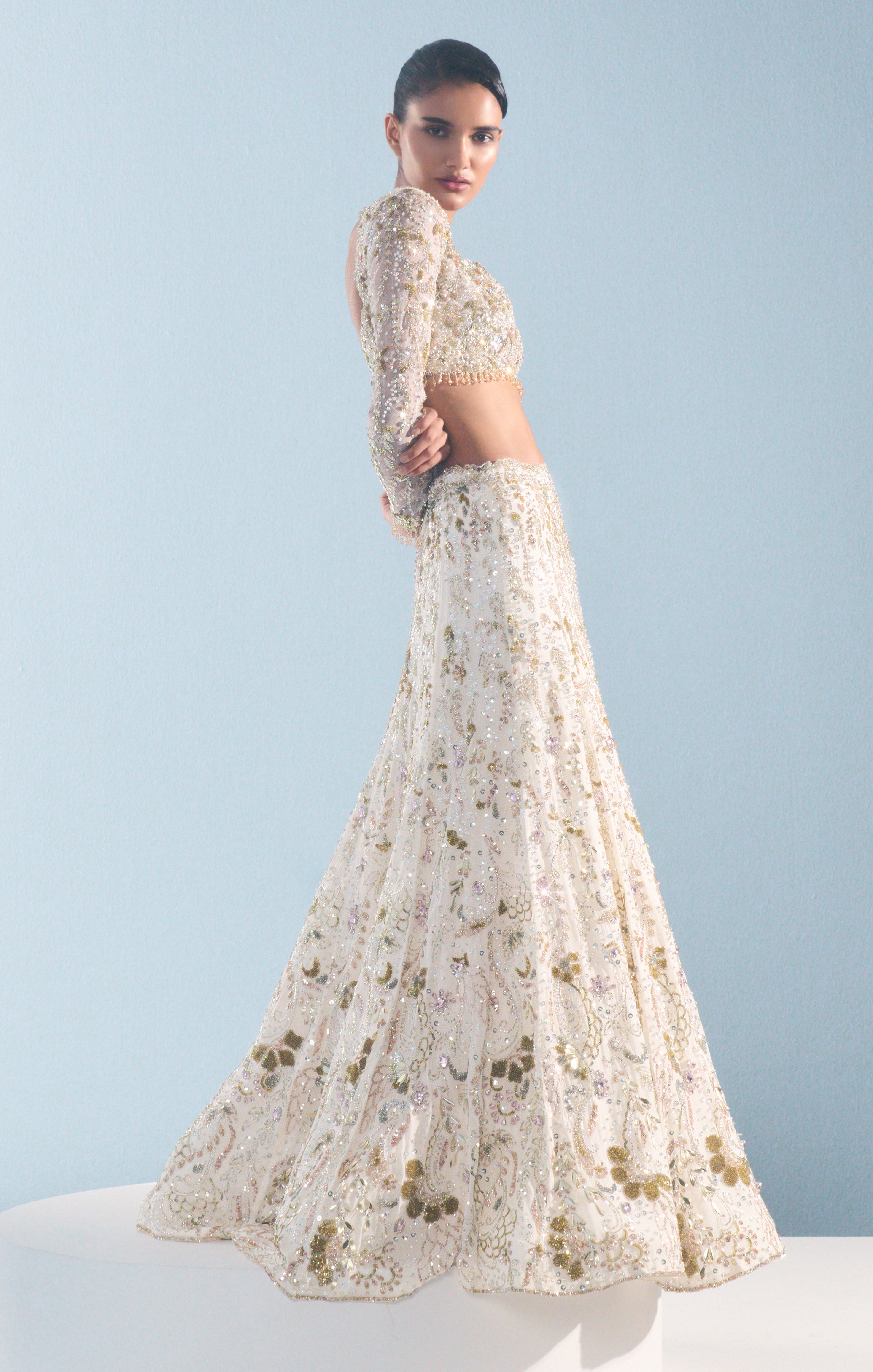 Ivory Georgette Fitted Lehenga Set