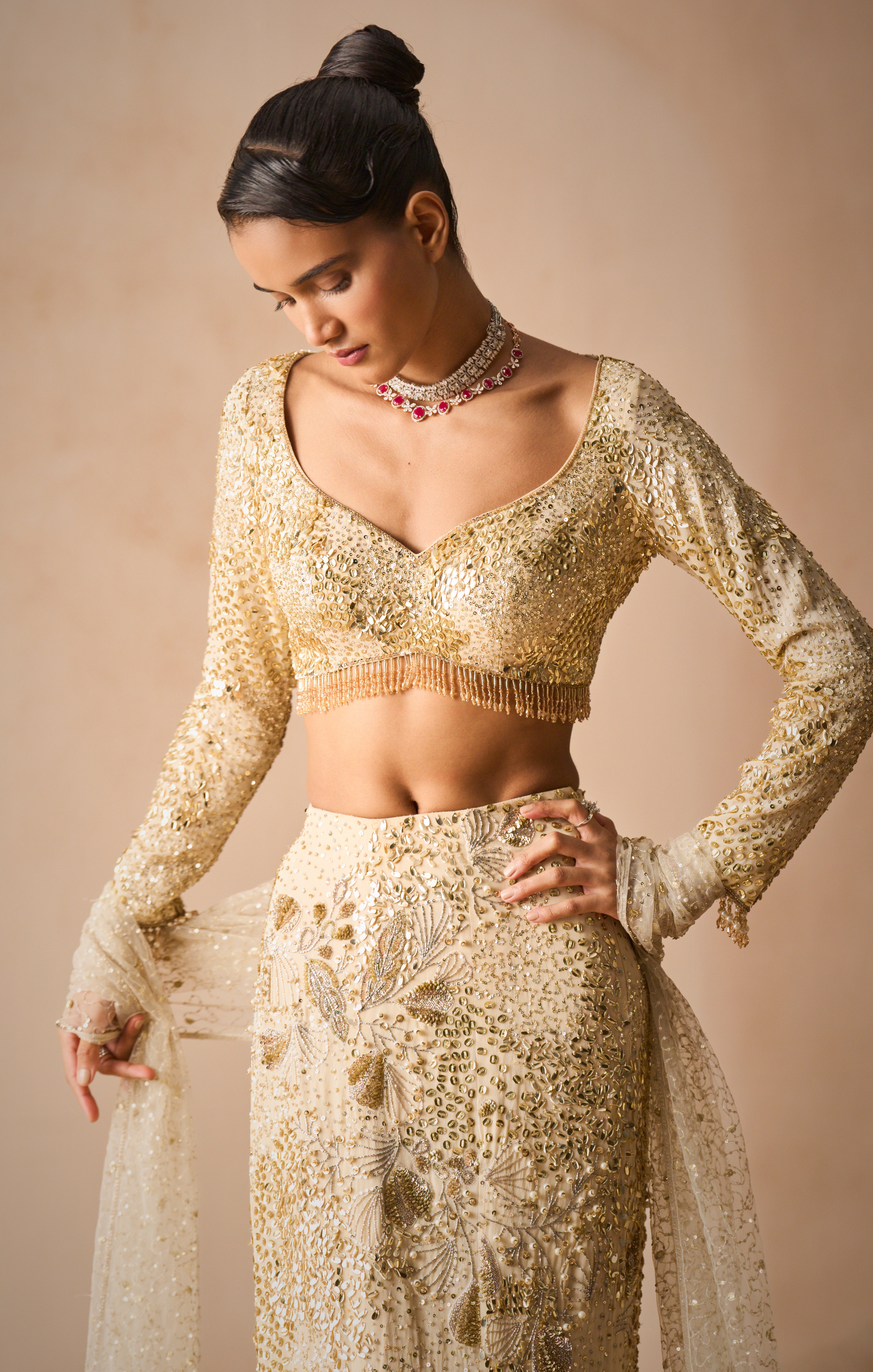 Ivory Georgette Fit And Flare Lehenga Set