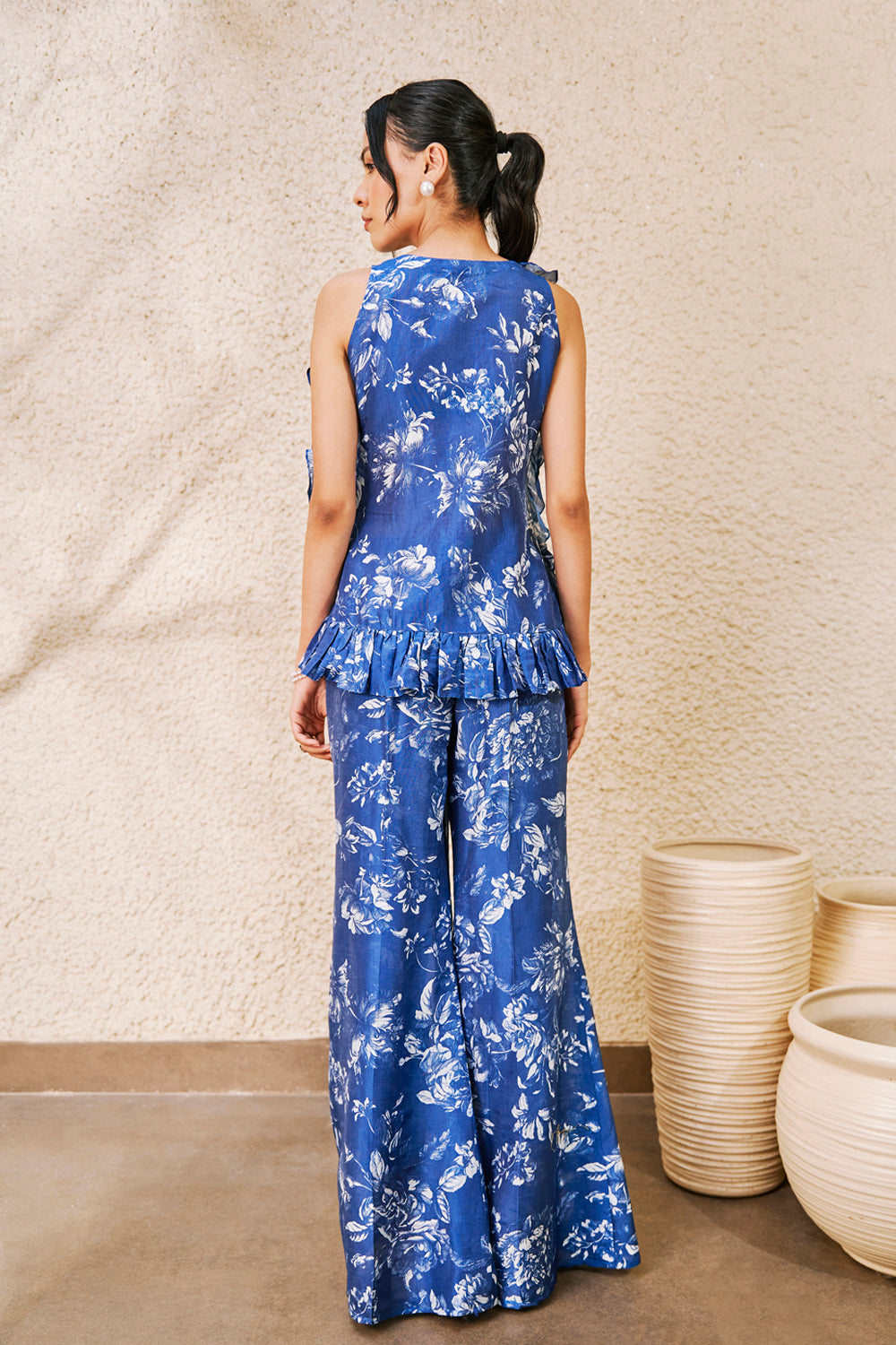 Blue And White Floral Printed Ruffled Shirt Co-Ord Set