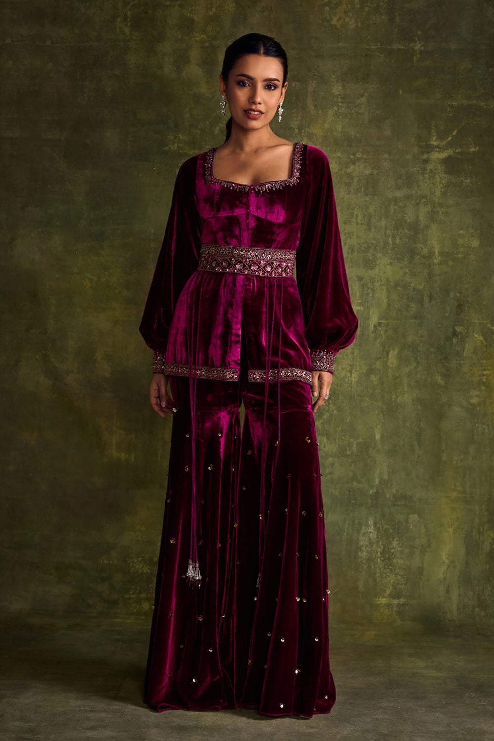 Mulberry Velvet Peplum And Sharara Set