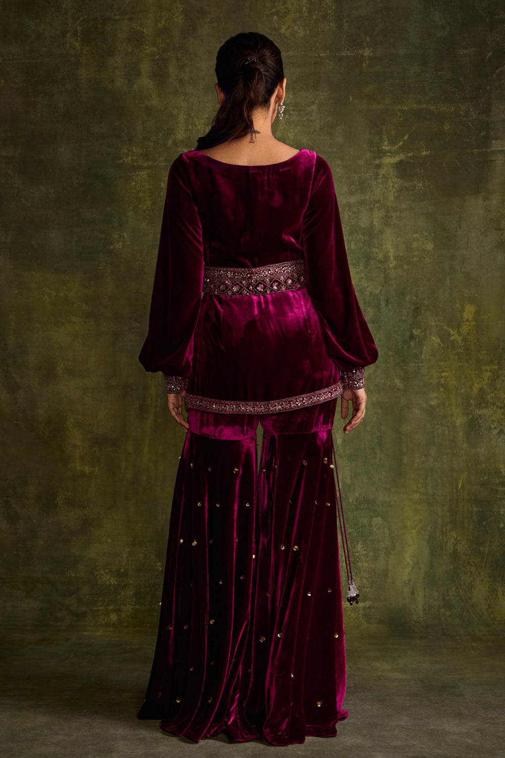 Mulberry Velvet Peplum And Sharara Set