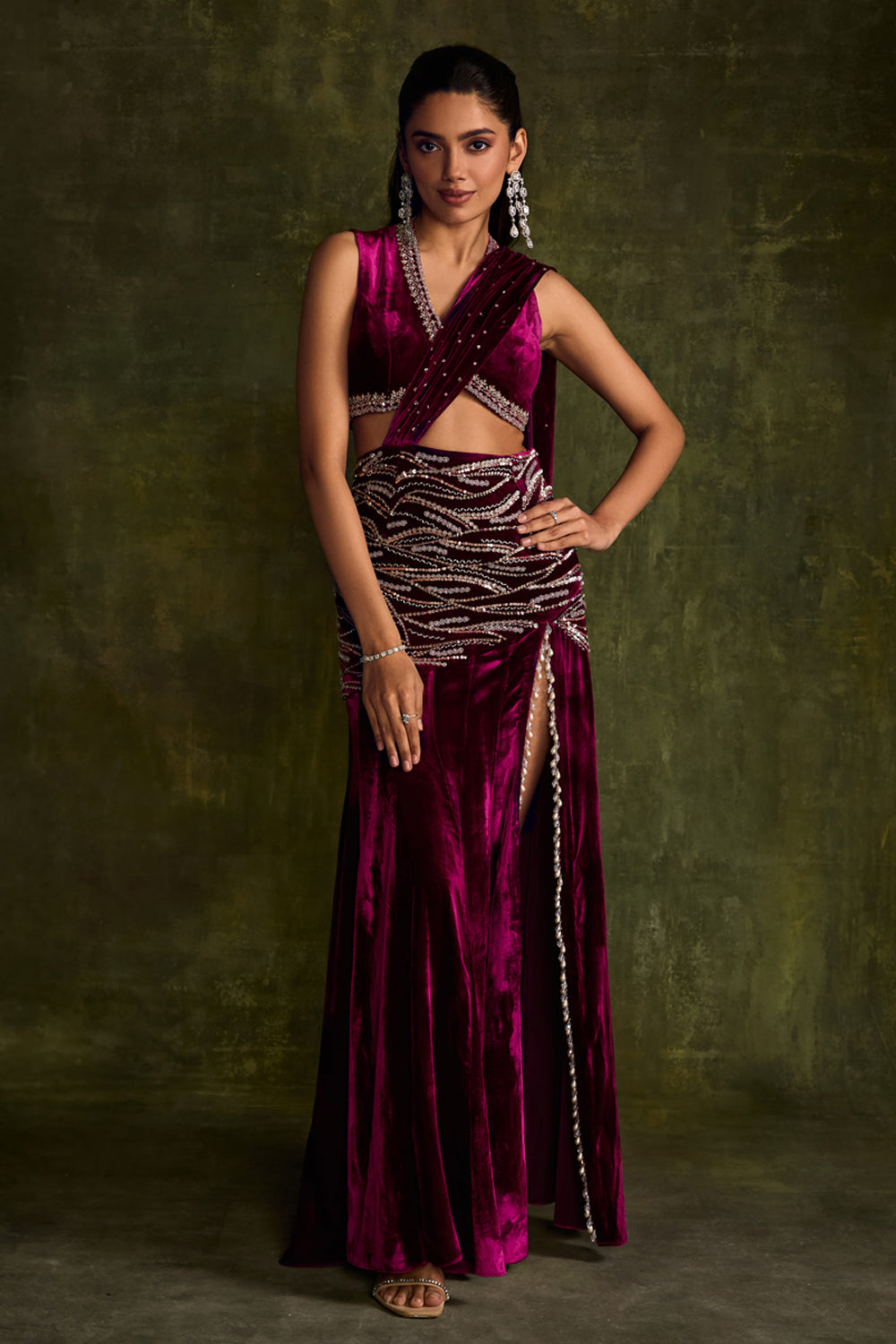 Mulberry Velvet Slit Pre-Draped Saree