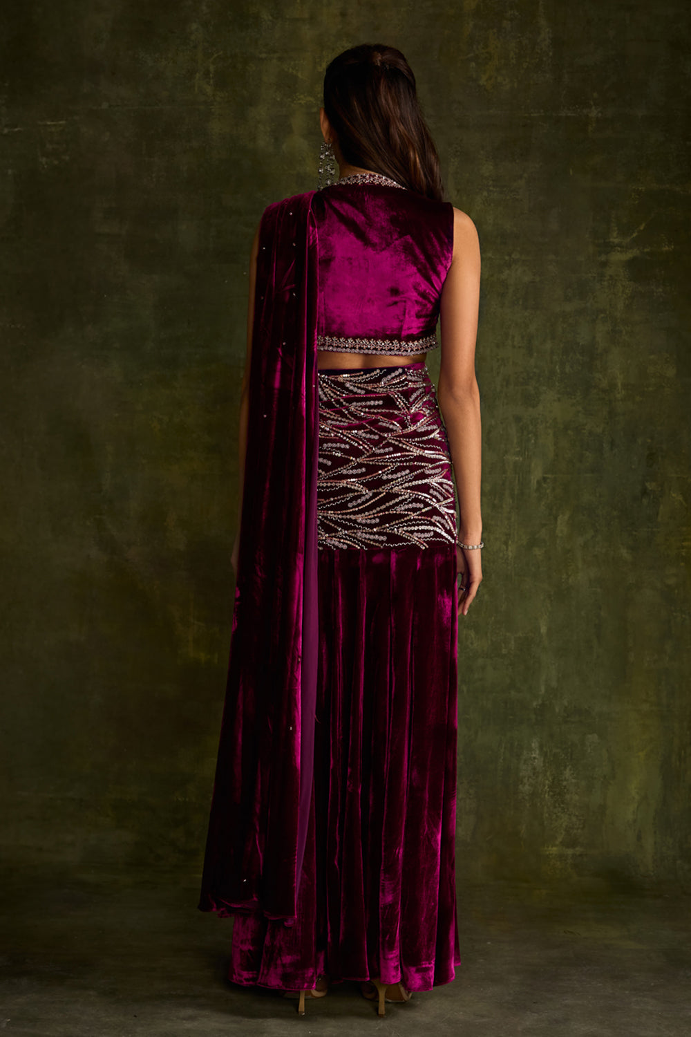 Mulberry Velvet Slit Pre-Draped Saree