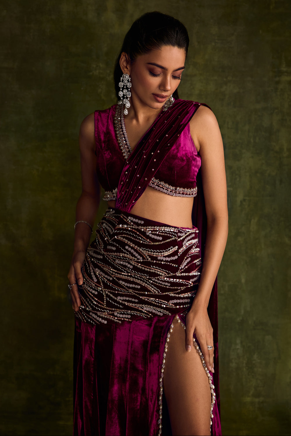 Mulberry Velvet Slit Pre-Draped Saree