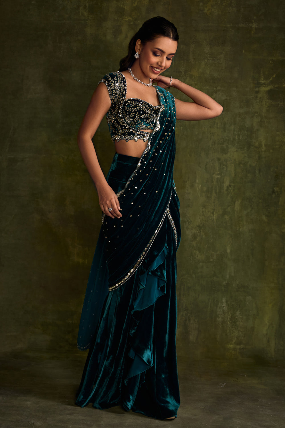 Turquoise Velvet Pre-Draped Saree