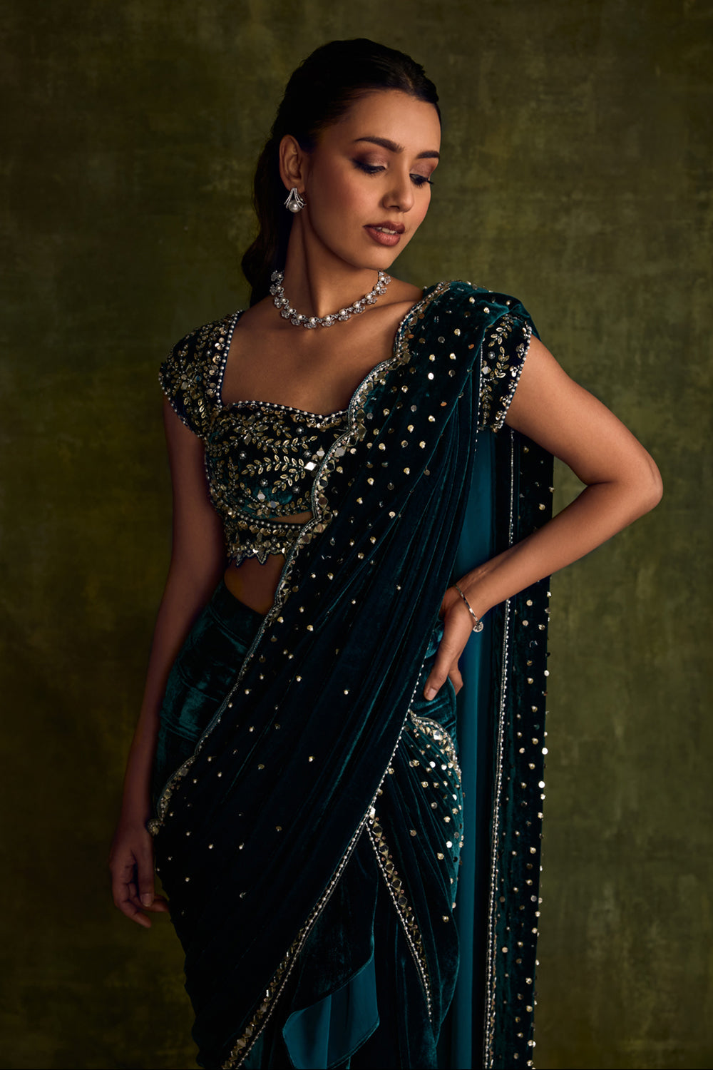 Turquoise Velvet Pre-Draped Saree