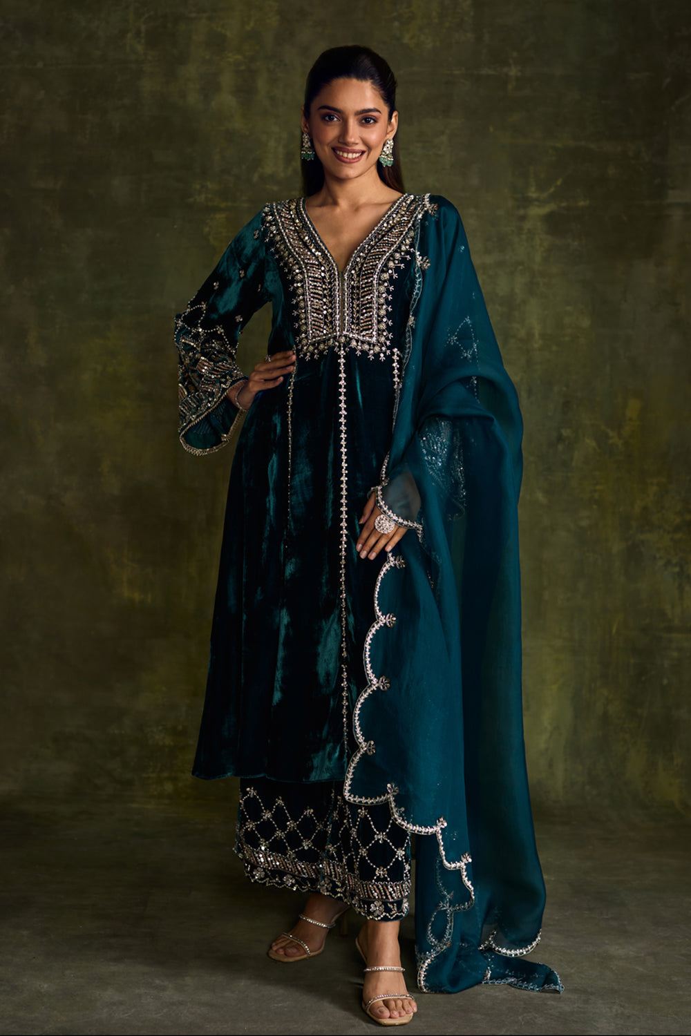 Turquoise 3-Kali Kurta Set