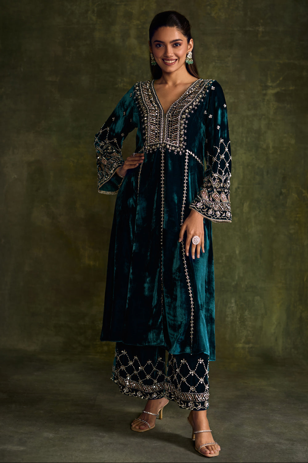 Turquoise 3-Kali Kurta Set