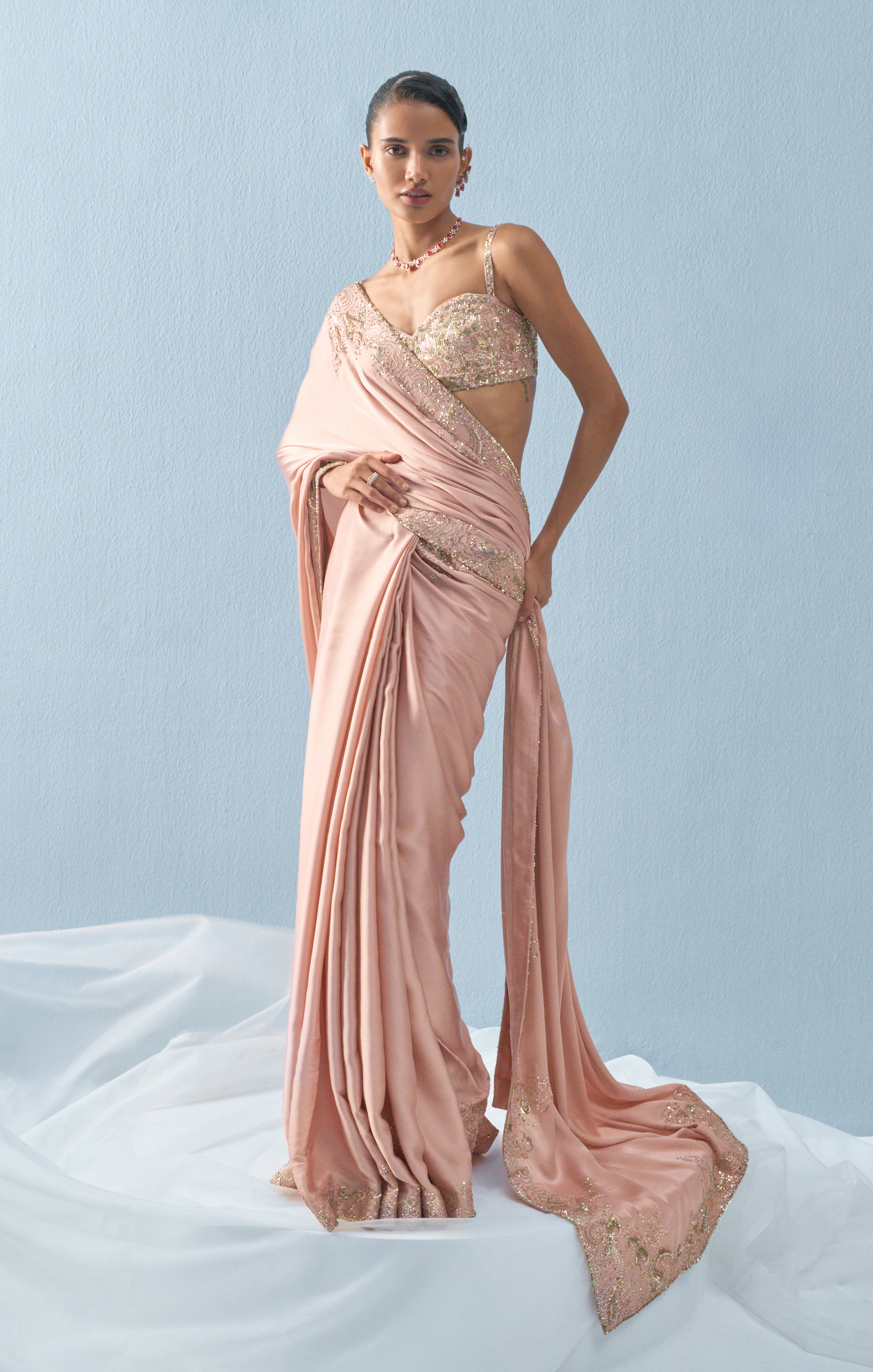 Nude Pink Satin Saree Set