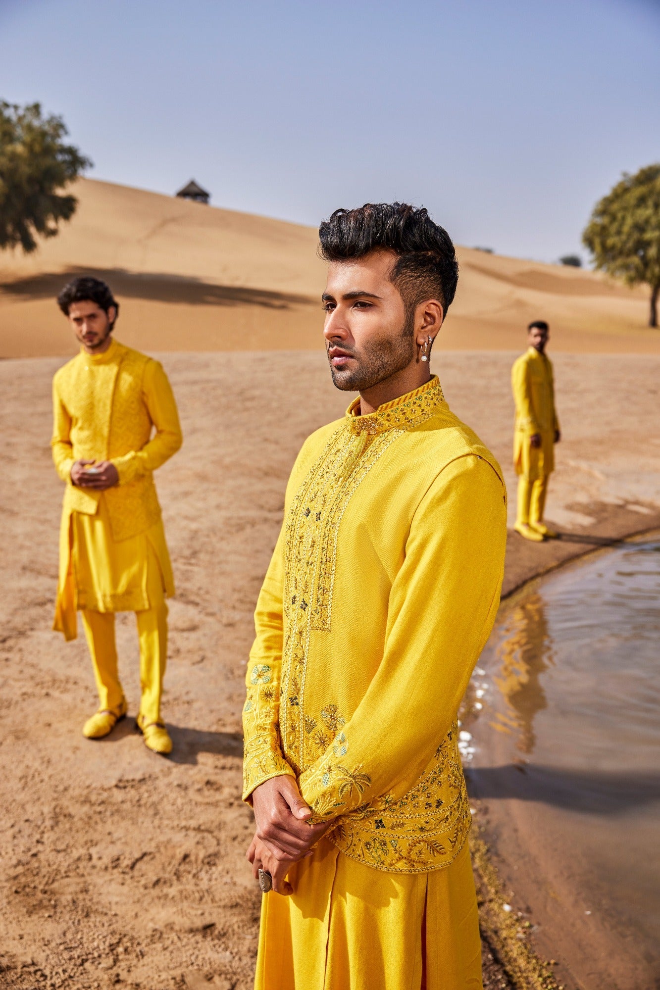 Yellow Waistcoat Set With Floral Thread Work