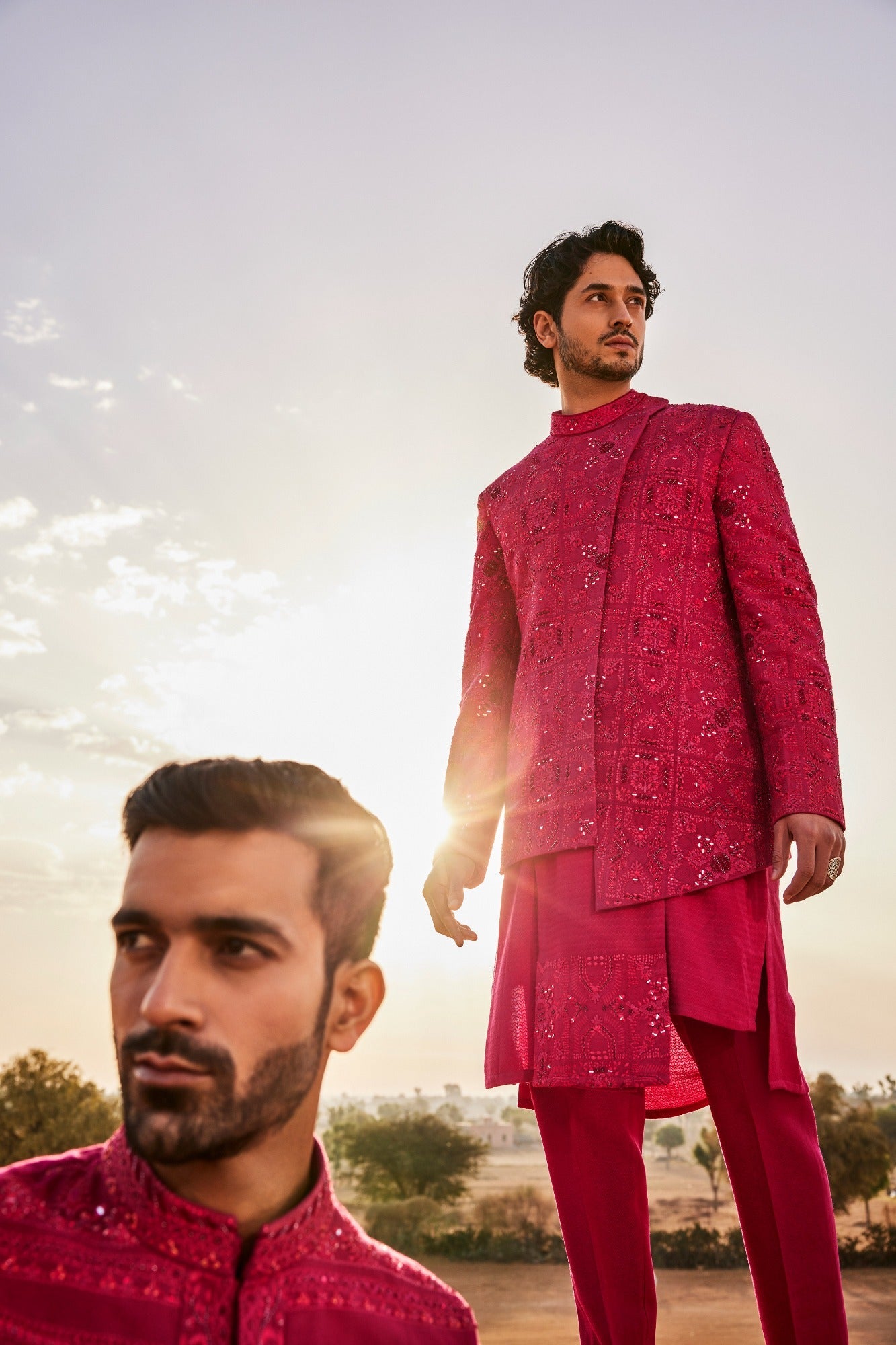 Hot Pink Slant Cut Style Bandhgala Set