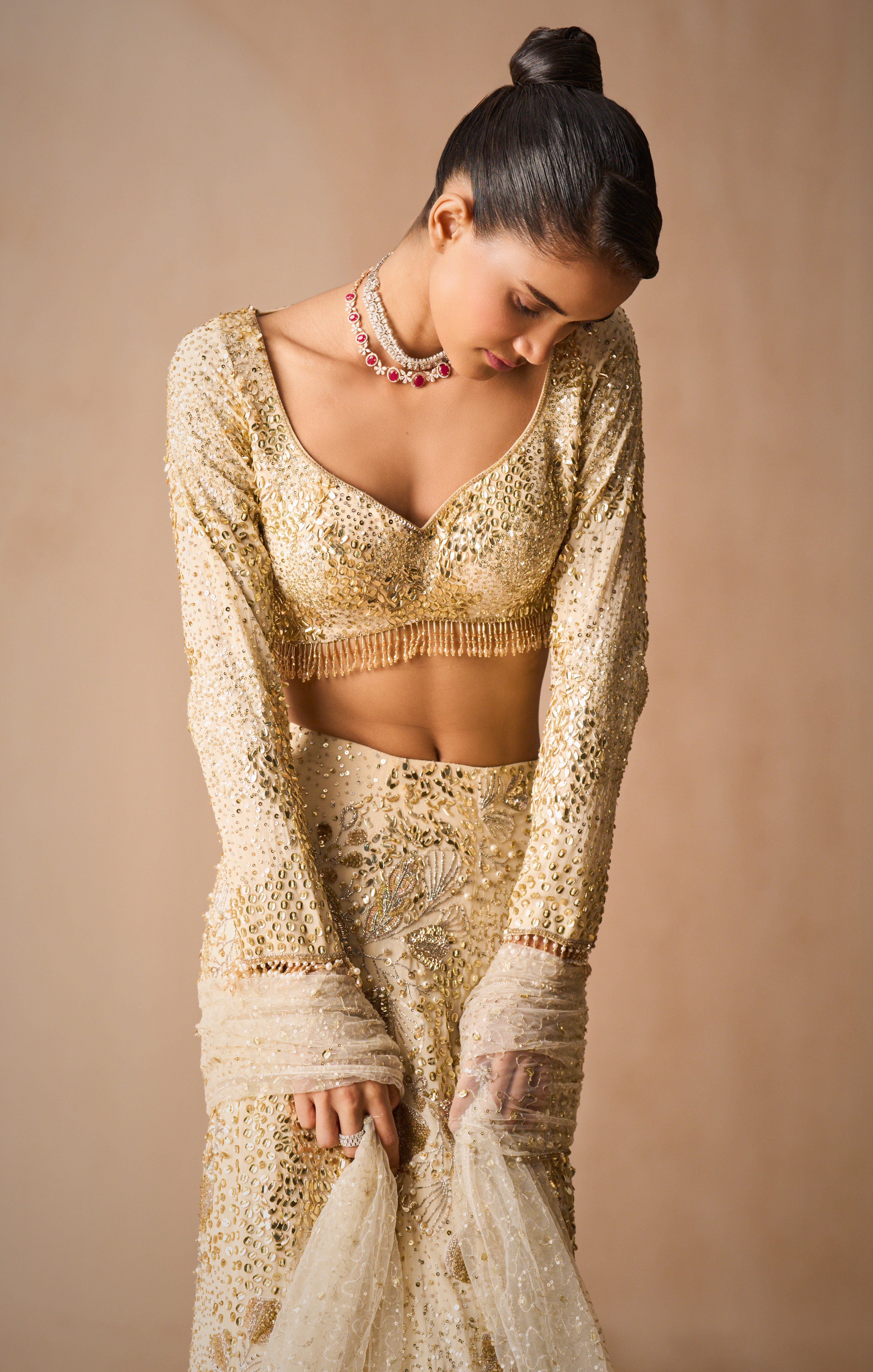 Ivory Georgette Fit And Flare Lehenga Set