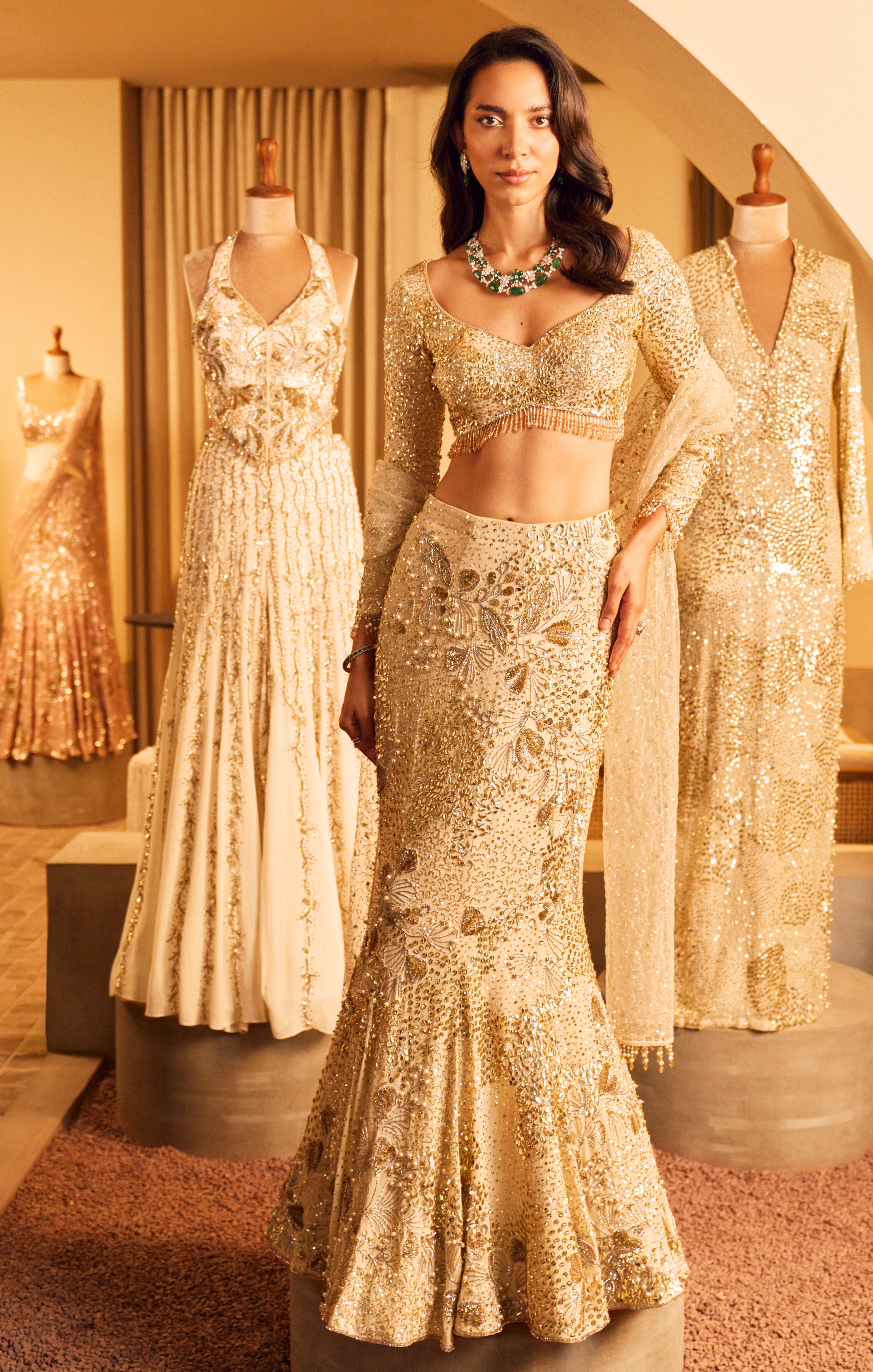Ivory Georgette Fit And Flare Lehenga Set