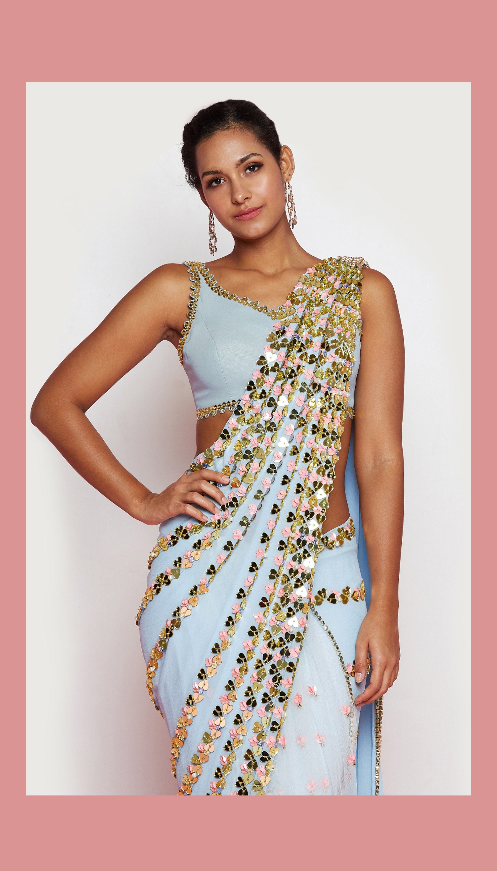 Richa Moorjani - Powder Blue Embroidered Pre-Stitched Saree Set