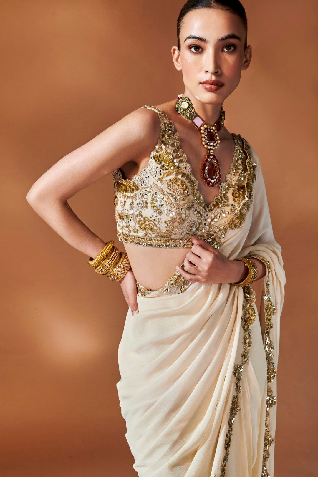 Pre-Drape Ivory And Gold Saree Set