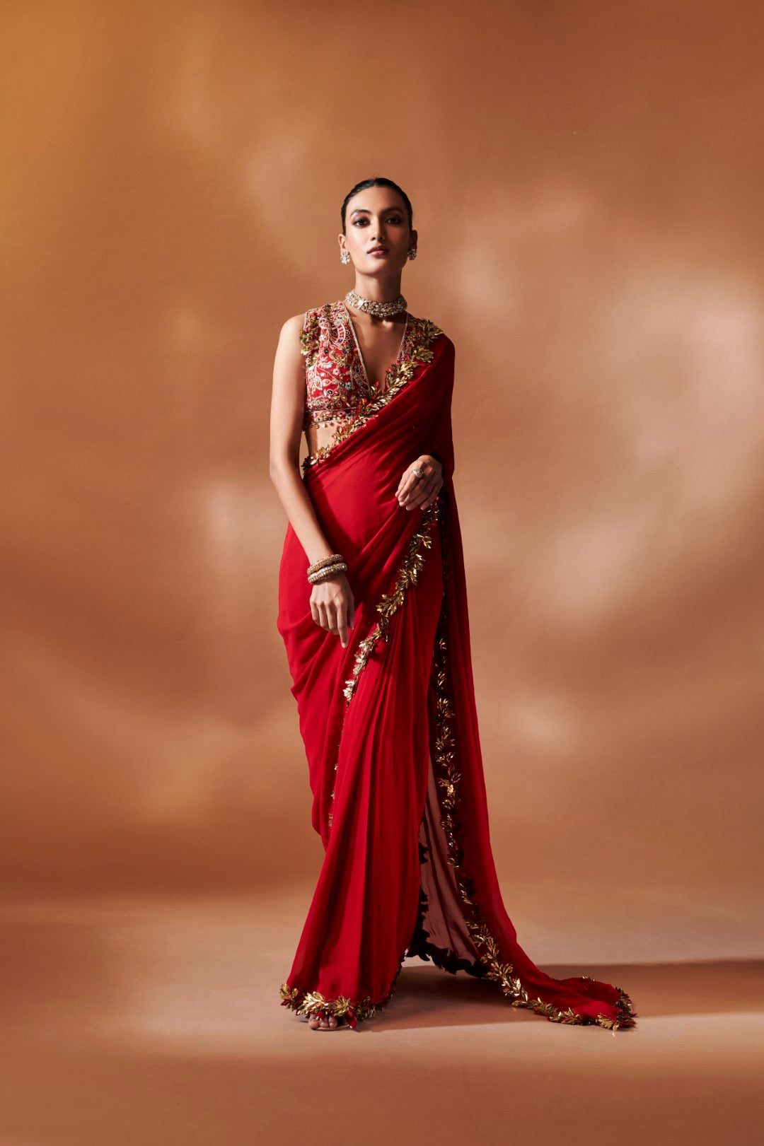 Pre-Drape Red And Gold Embroidered Saree Set