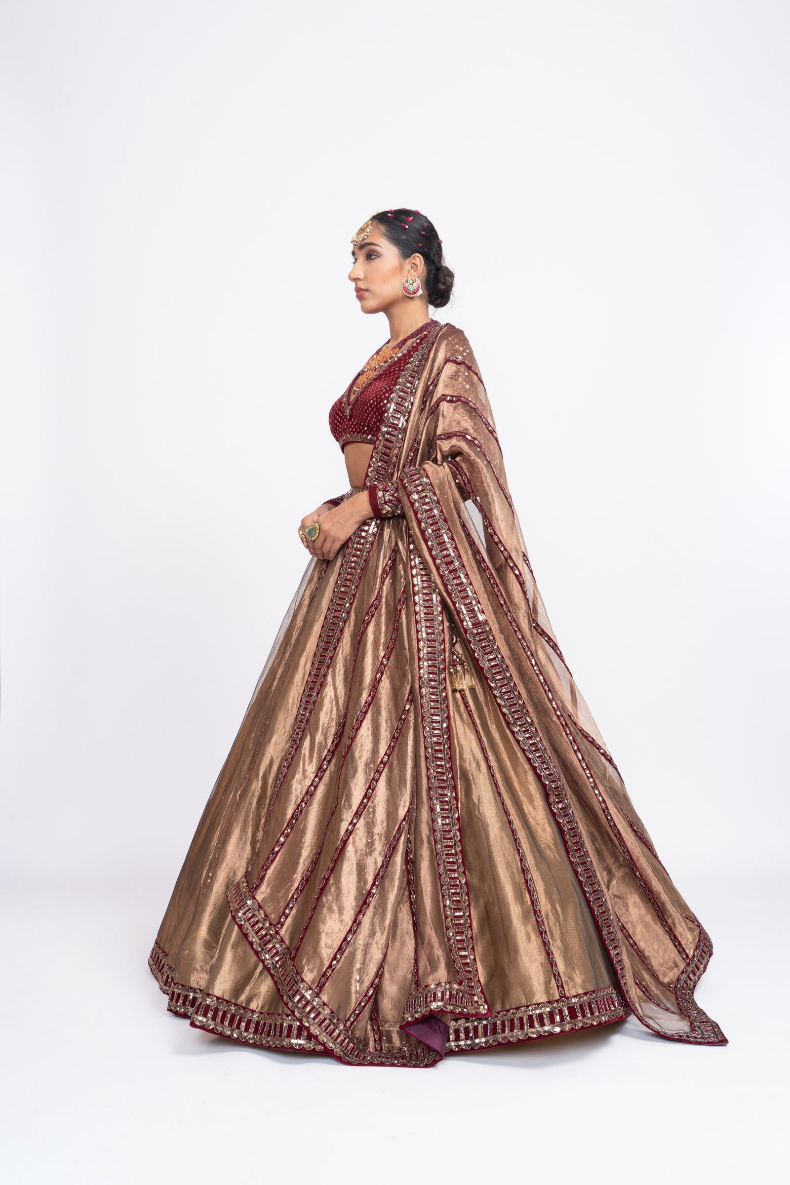 Vvani Vats,VAAW LH 2143,Mahroon And Copper Tissue Lehenga Set