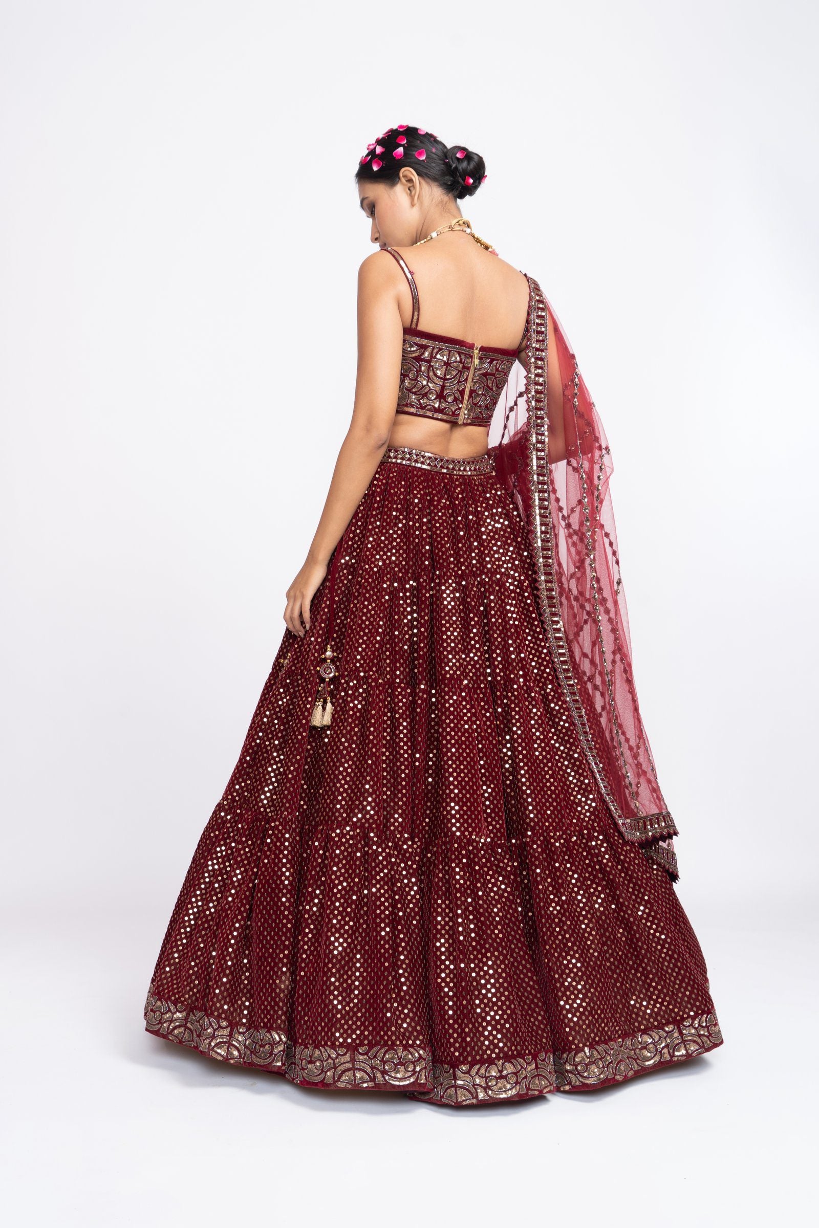 Vvani Vats,VAAW LH 2141,Mahroon Dense Dot Corset Lehenga Set