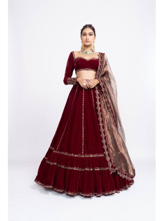 Vvani Vats,VAAW LH 2136,Mahroon Double Tier Lehenga Set