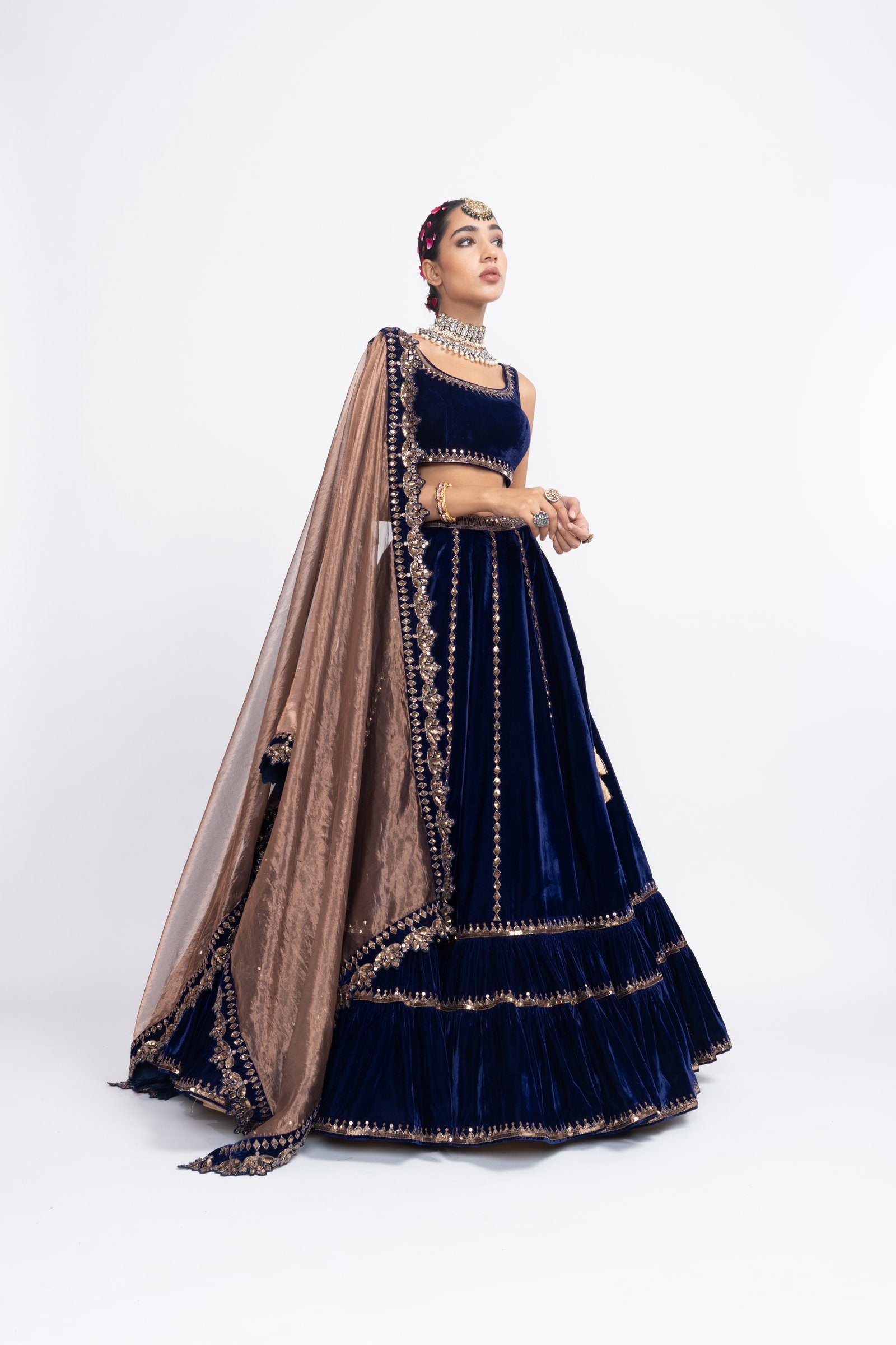 Vvani Vats,VAAW LH 2135,Navy Blue Double Tier Lehenga Set