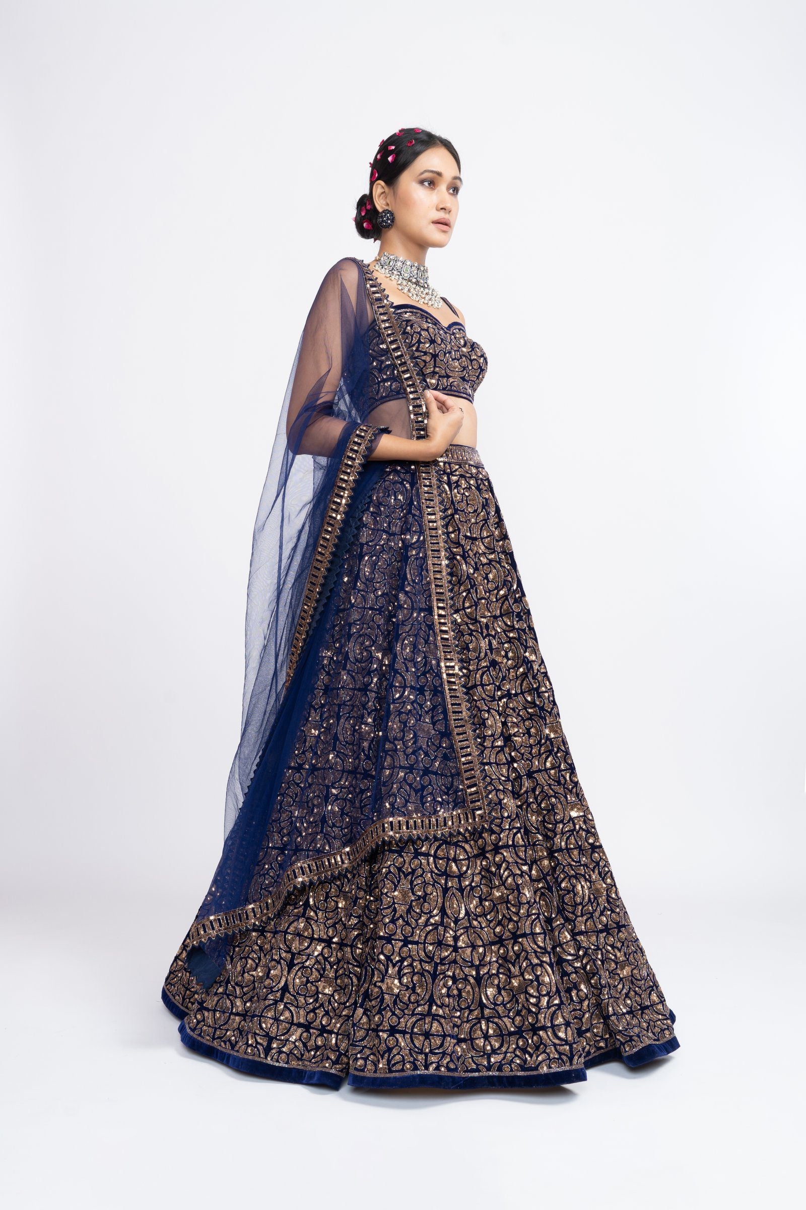 Vvani Vats,VAAW LH 2125,Navy Blue Fully Embroidered Corset Lehenga Set