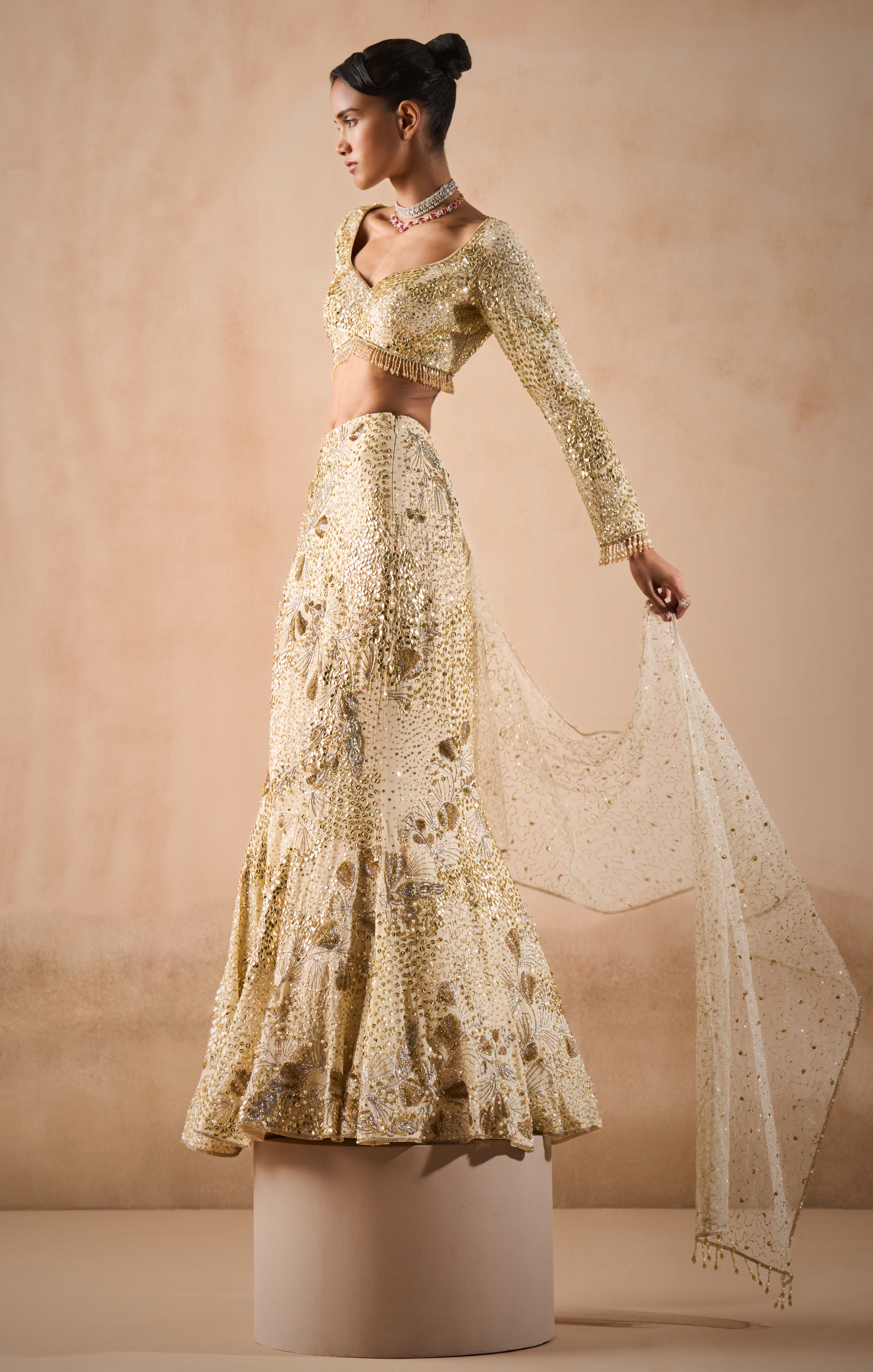 Ivory Georgette Fit And Flare Lehenga Set