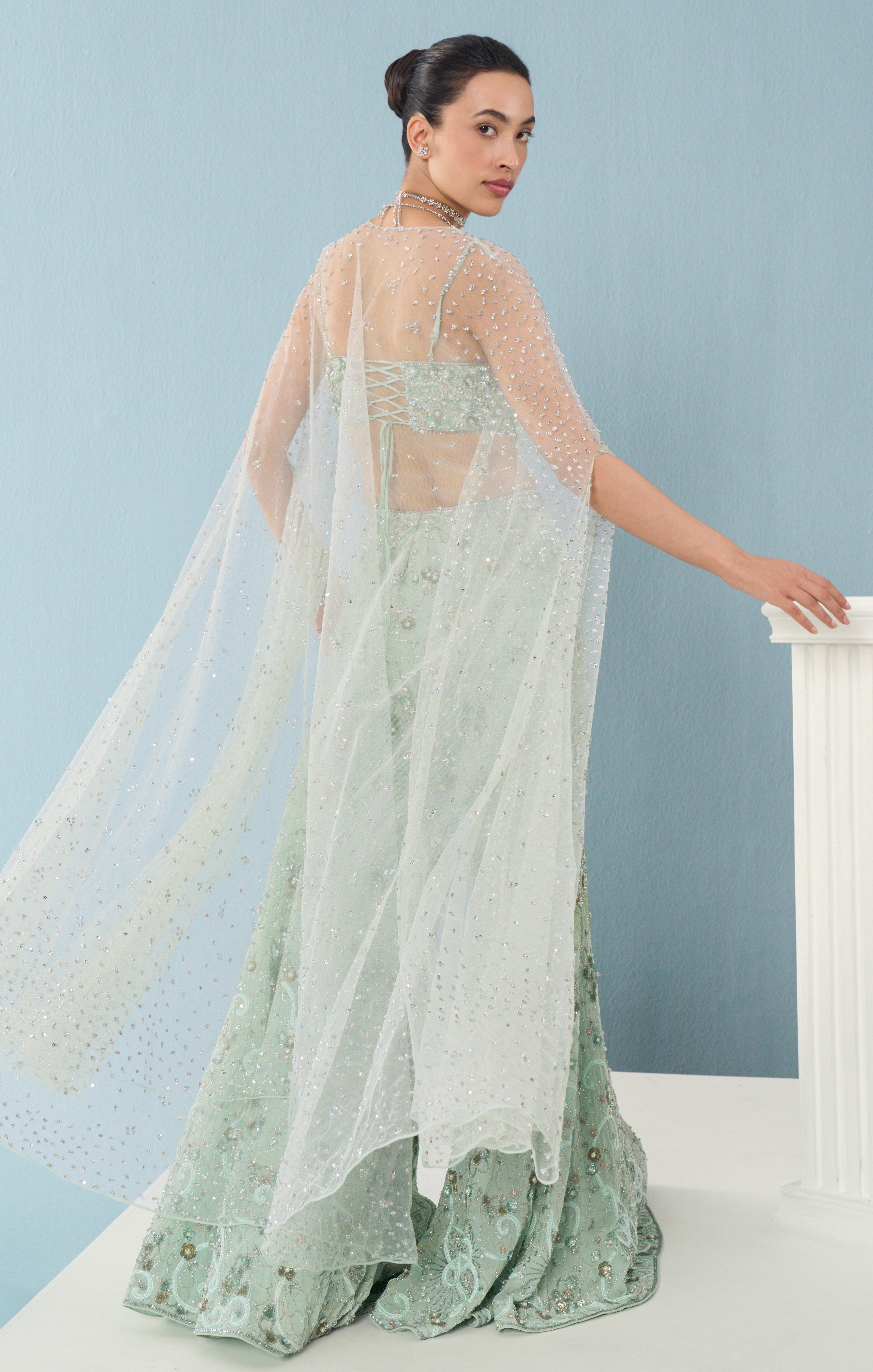 Sea Green Georgette High Waist Sharara And Cape Set