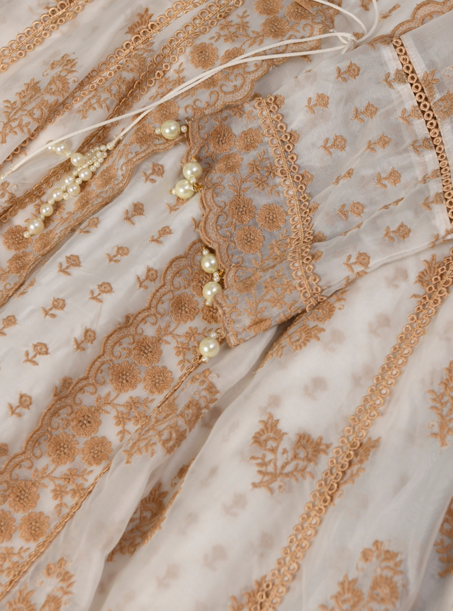 Mulmul Organza Aberdeen Off White Anarkali Kurta With Organza Jacket With Cotton Aberdeen Off White Pant